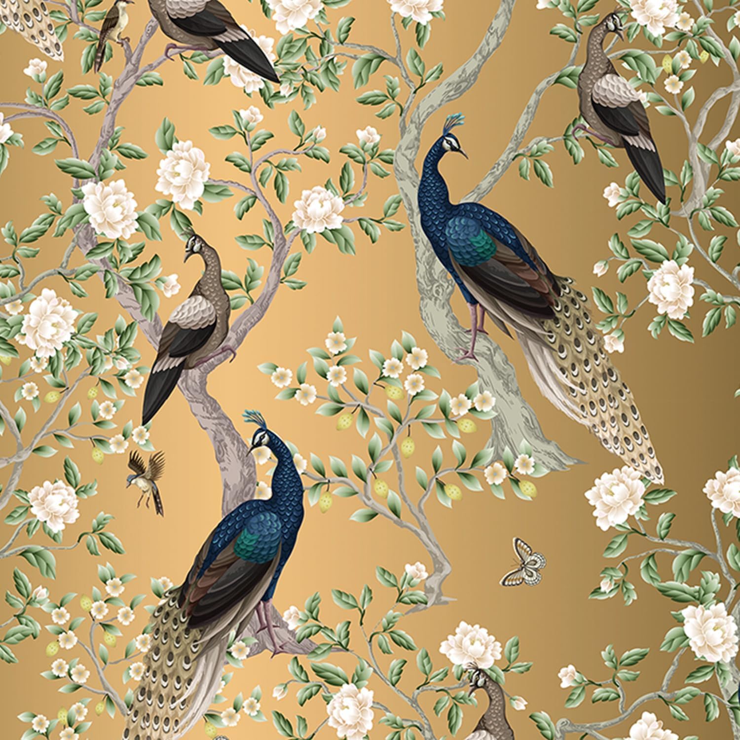 Yenhome Peacock Wallpaper Chinoiserie Vintage Bird & Floral Peel and Stick Wallpaper Retro Glam Gold 17.5"X23ft Self-Adhesive Removable Oriental Botanical Wall Decor for Bathroom Accent Wall Cabinets