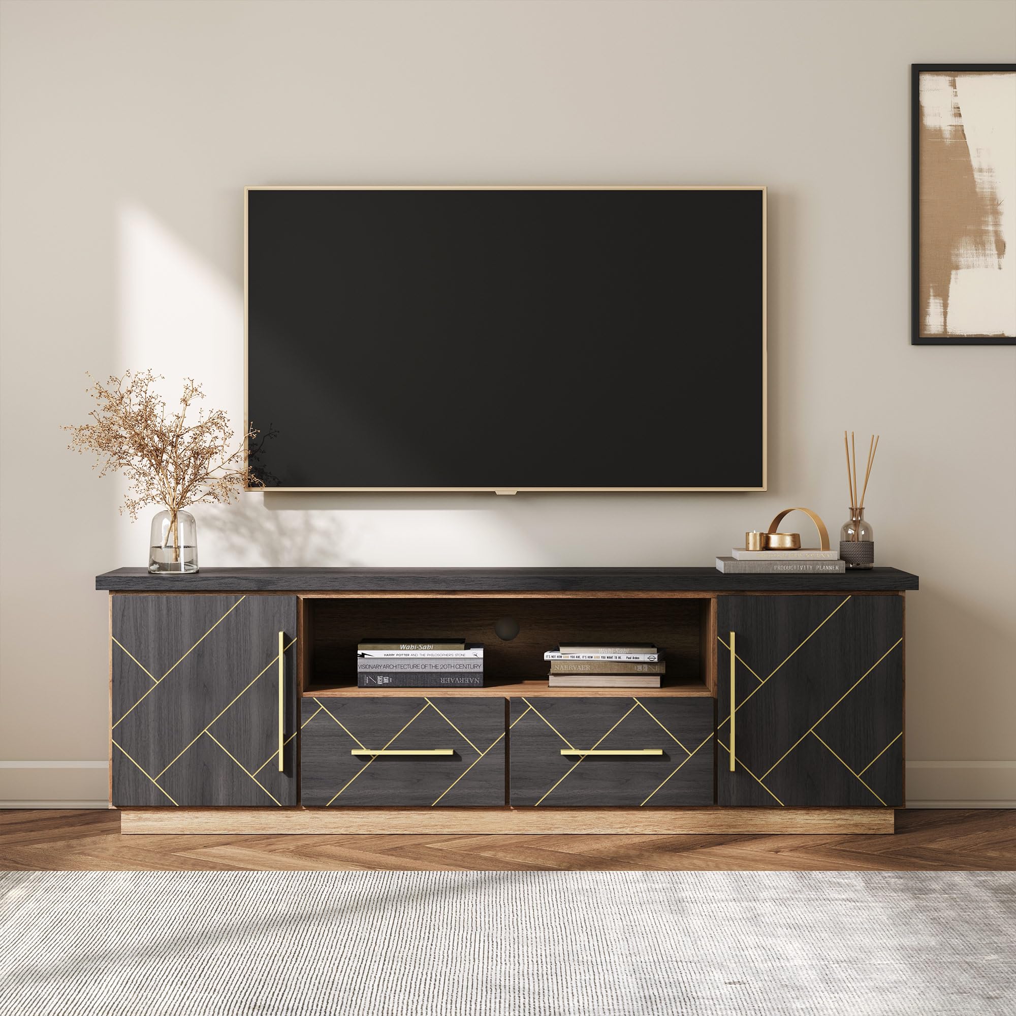 BELLEZE 70 Inch Modern TV Stand with Gold Trim, Elegant Entertainment Center with Storage, Media Console Table with Drawers & Open Shelves for Living