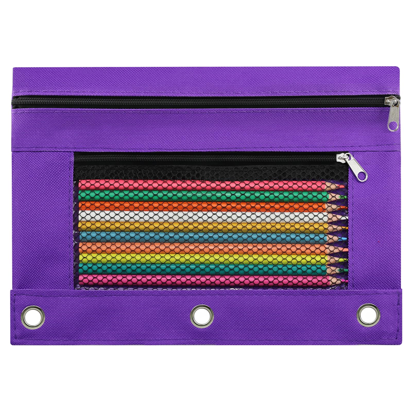 Pencil Pouch for 3 Ring Binder, Pencil Case Bag with Zipper, 600D Fabric Pencil Pouch Holder Accessories, Clear Window Pencil Case Aesthetic Back to School Organizer Pockets for Boy Girl (Purple)