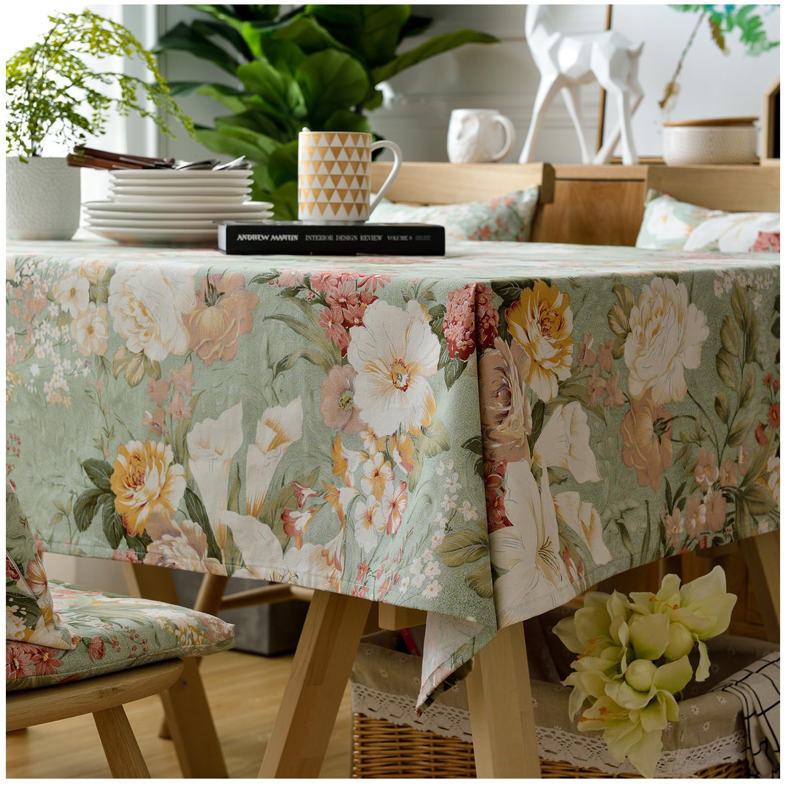 Tovaglia in cotone e lino, senza pieghe, 90 x 90 cm, elegante, per sala da pranzo, cucina, feste, con design e motivi eleganti