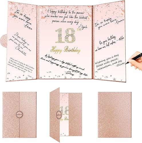 Crenics Decoraciones de oro rosa para cumpleaños número 18, alternativa creativa para libro de invitados de cumpleaños 18, libro grande de 12 x 18