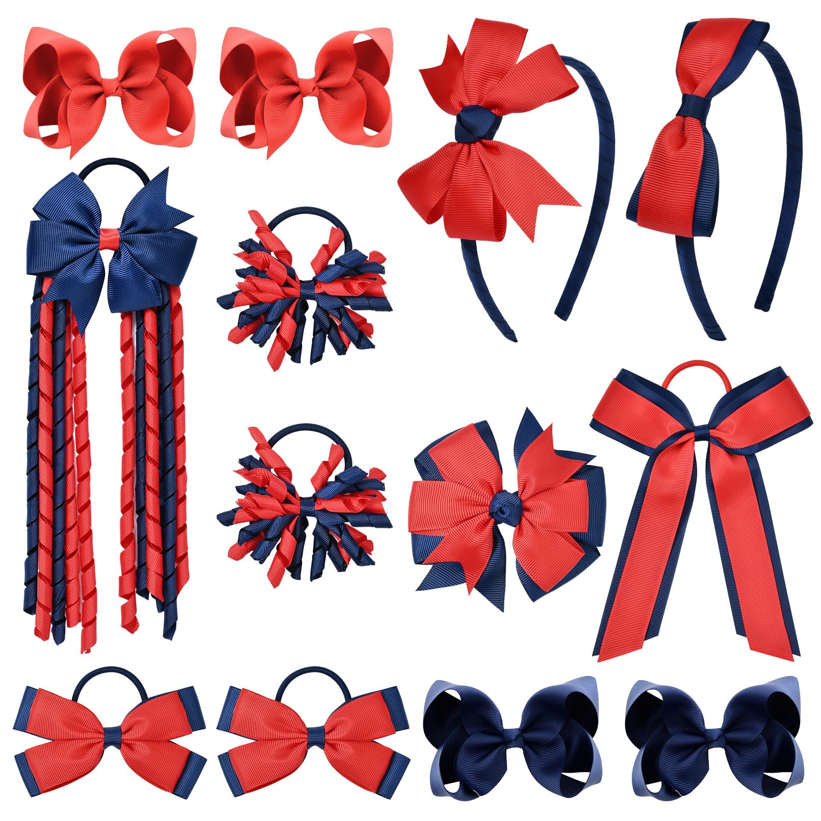 DEEKA Navy Blue & Red School Hair Accessories Set 13 Pcs Uniform Hair Bow Headband Clips Hair Ties Curly Korker Bows for Little Toddler School Girls (