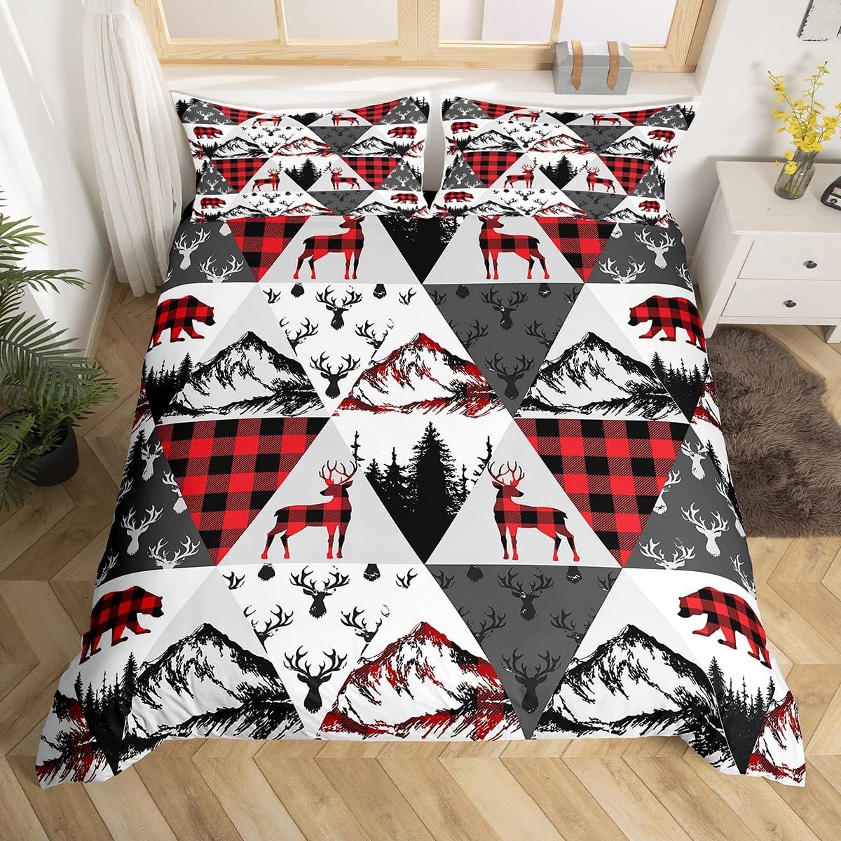 Red Black Grid Duvet Cover for Kids Boys Girls,Lodge Bear Deer