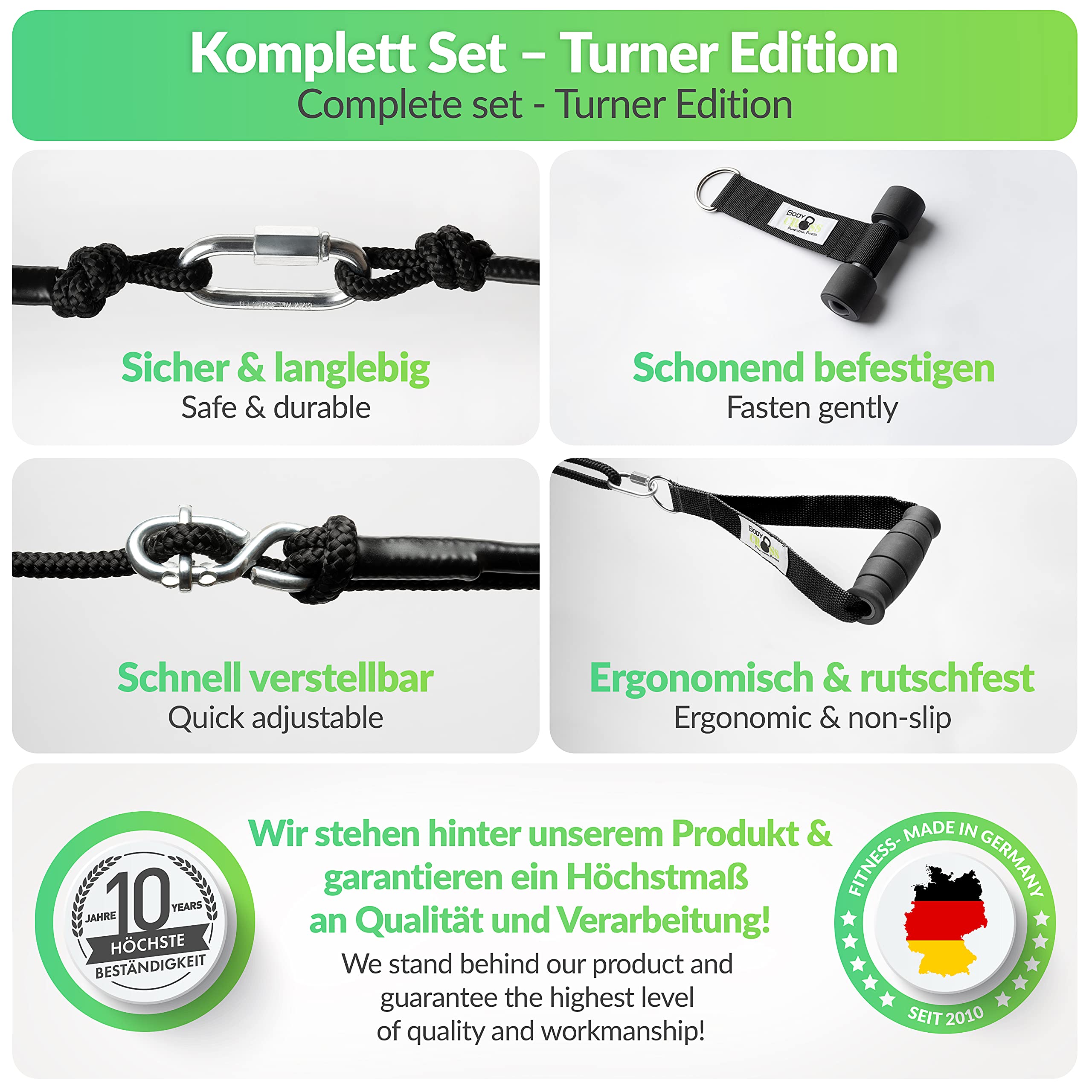 BodyCROSS Taśmy treningowe premium z pierścieniami gimnastycznymi i dodatkowymi uchwytami | Made in Germany | idealne do kalisteniki i ćwiczeń gimnastycznych | plakat z ćwiczeniami, kotwica na drzwi, pętla mocująca (do spacerów)