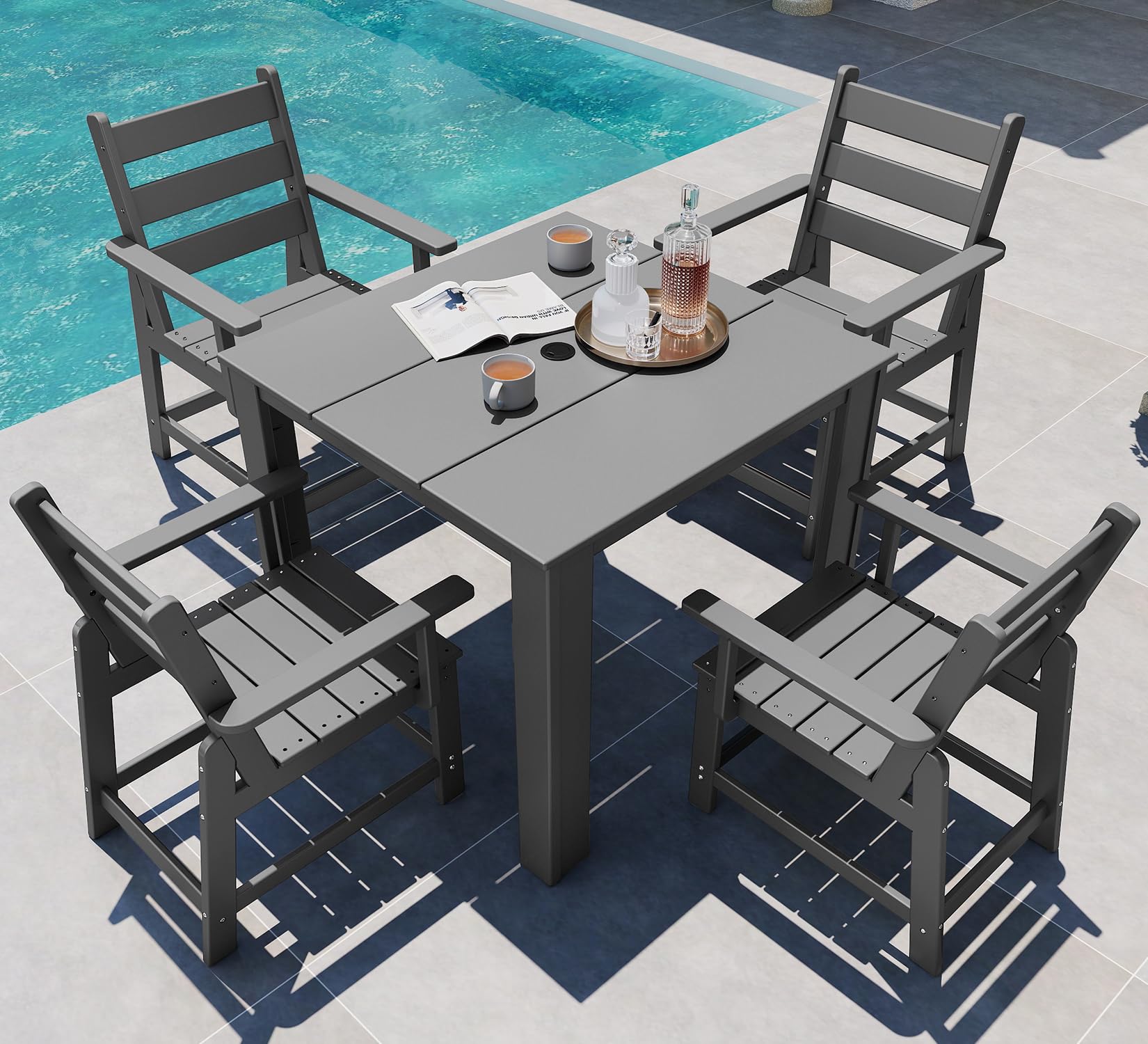 GREENVINES 5-Piece-Outdoor-Dining-Set | HDPE | Square | Patio Furniture | Table and Chairs Sets for 4 | All Weather | Removable Armrests | Umbrella Hole | for Backyard Poolside Garden | Grey
