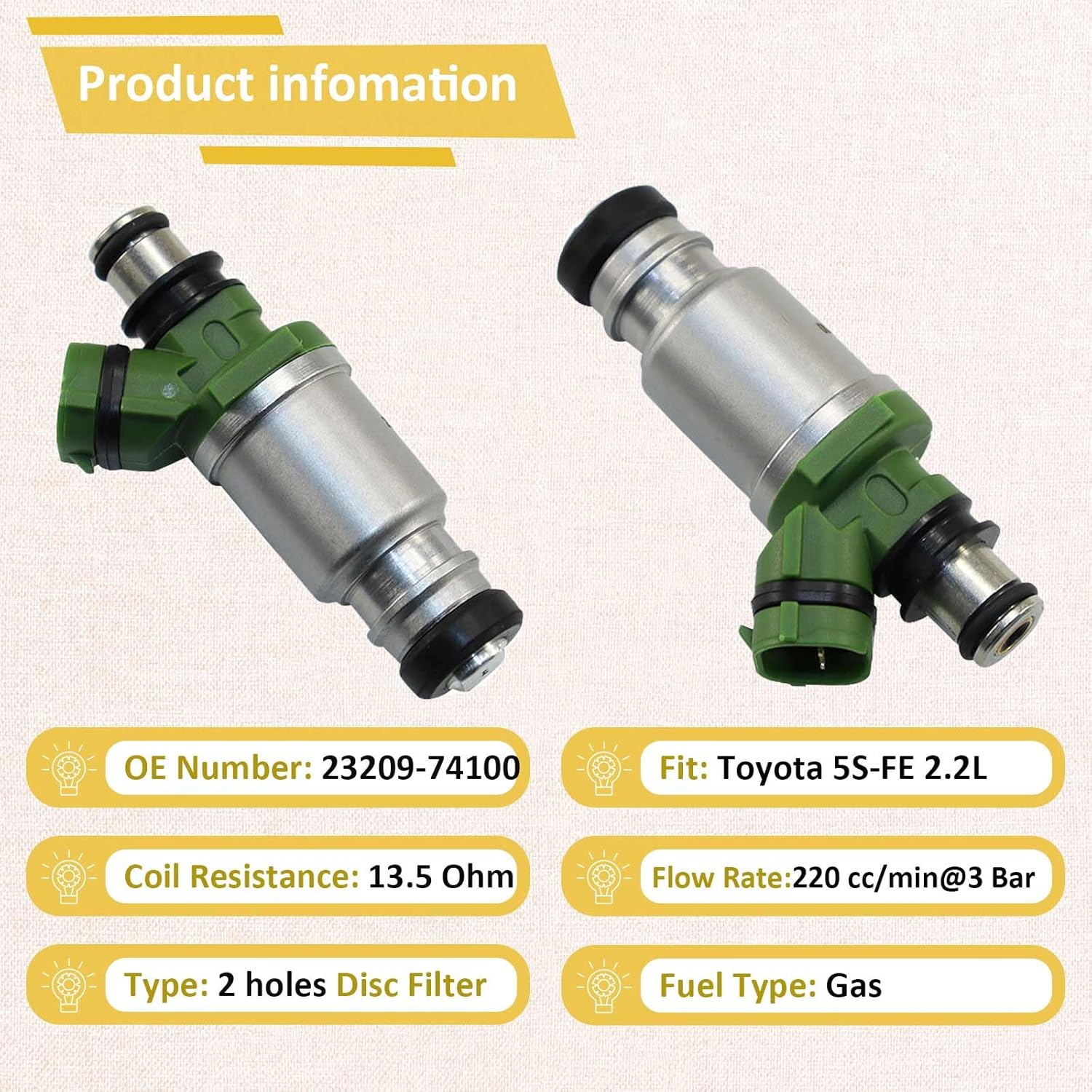 5S-FE 2.2L Fuel Injectors,Compatible with/Toyota 2.2 Camry Celica 1992-2000 |2 Holes| |Set of 4| Replace# 23209-74100