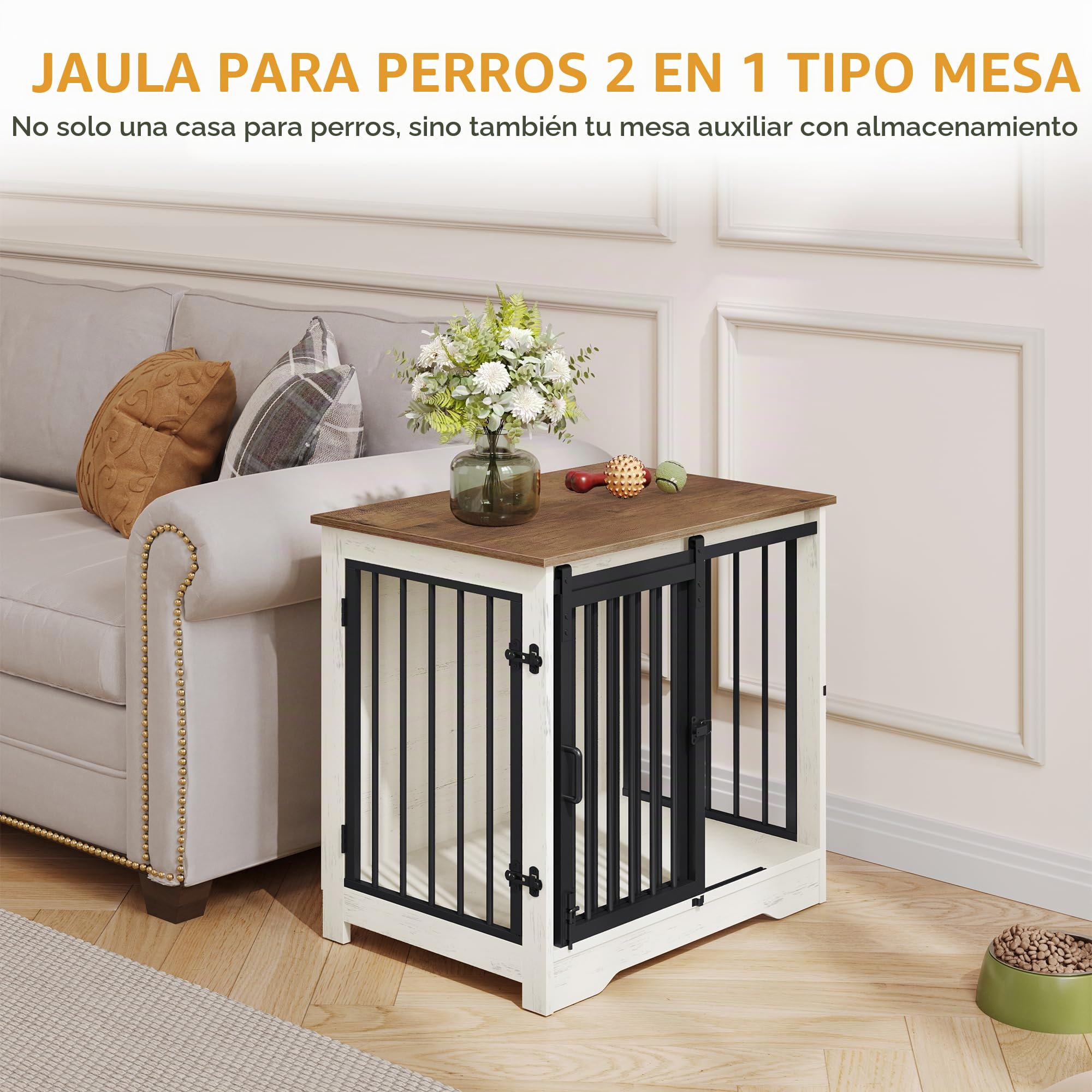 Hzuaneri 69 cm Jaula para Perros, Mesa Auxiliar, casa Moderna para Perros, Jaula para Cachorros, dúplex para Animales, 2 Puertas, 49 × 69 × 64,5 cm, Blanco Marrón DFC84314B