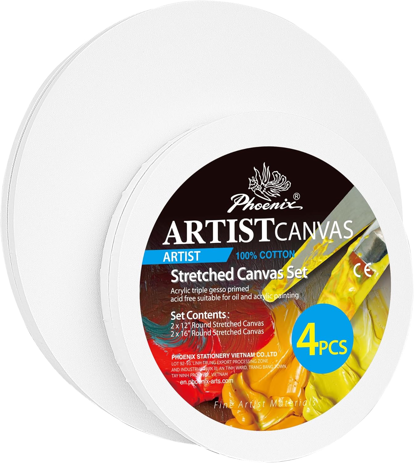 PHOENIX Round Stretched Canvas 4 Pack - 12, 16 Inch Diameter (2 of Each) - 100% Cotton, 10 Oz Triple Primed White Blank Acid-Free Artist Shaped Canvases for Oil, Acrylic, Pouring Art