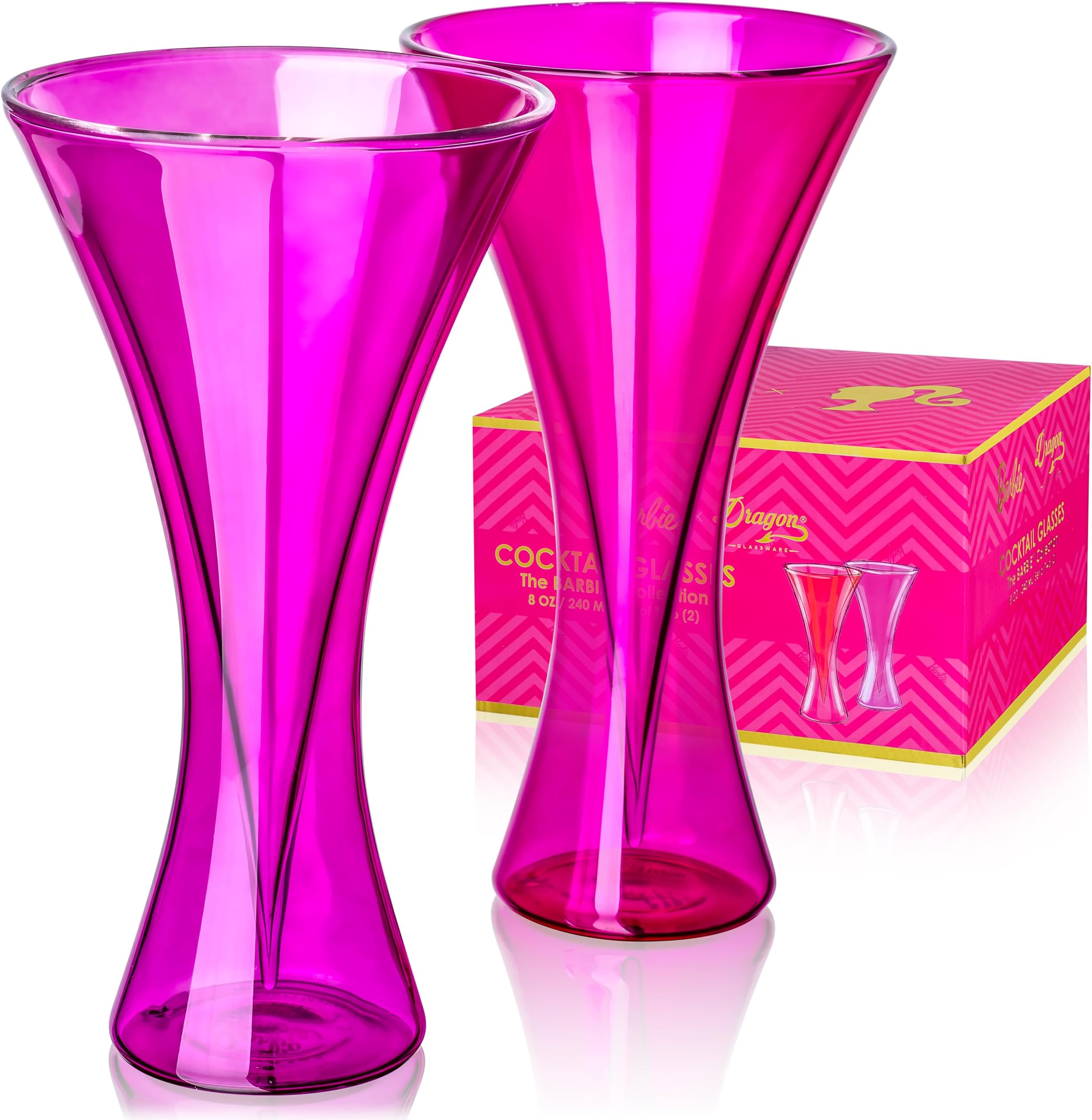Dragon Glasswarex Barbie Cocktail Glasses - 8 oz Pink and Magenta Double Wall Insulated Martini Glasses Set of 2 - Keeps Drinks Cold Longer - Unique and Futuristic Cocktail Drinkware Set