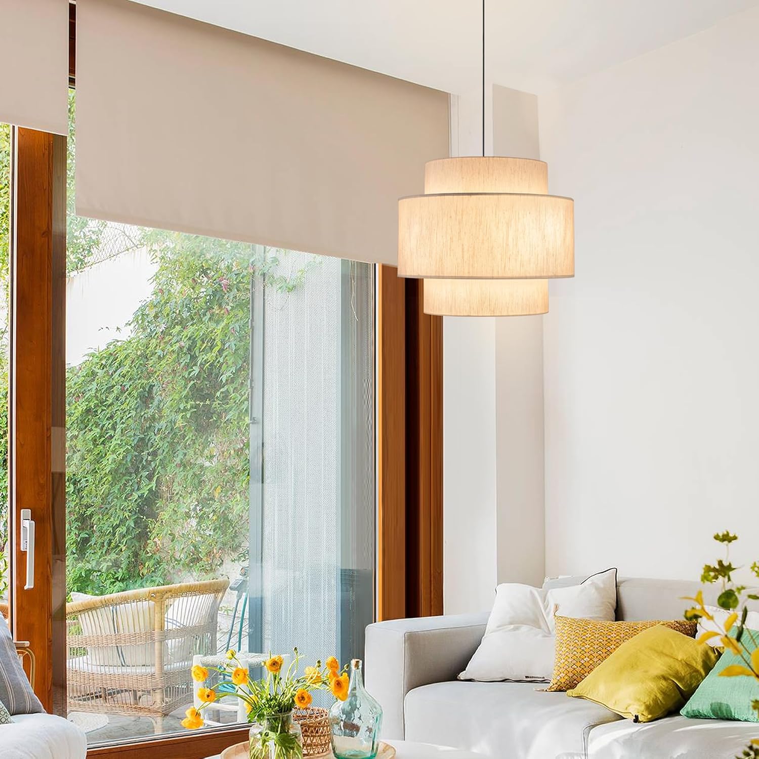 Pendant Lights with Beige Linen Drum Shade Chandelier Hanging Light Fixture 19.7" Pendant Lights Kitchen Island, Large Drum Pendant Light Fixtures 3-Tier Kitchen Chandelier for Entryway Living Room Drum Chandelier