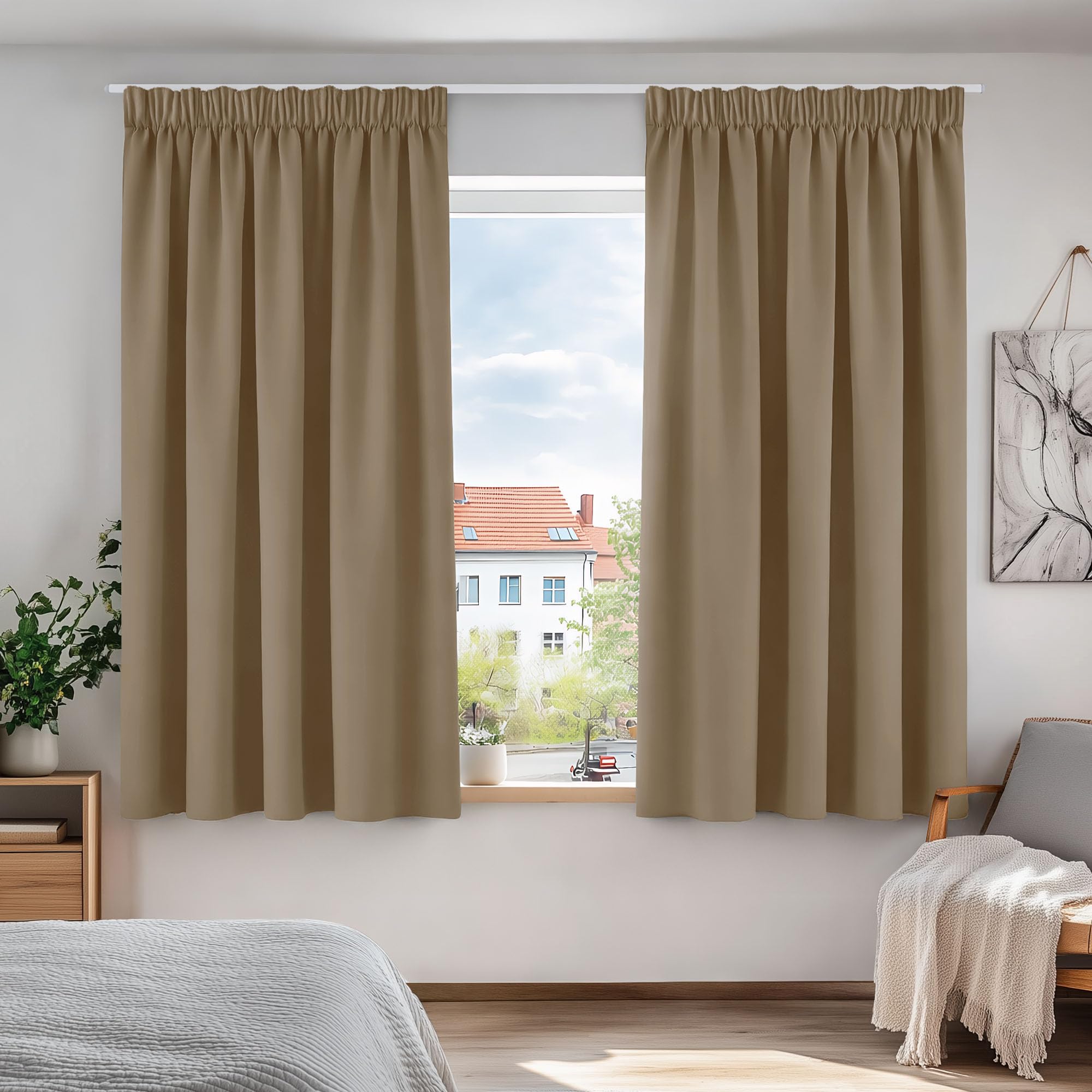 Deconovo Boys Khaki Solid Curtains Pencil Pleat Thermal Insulated Blackout Curtains For Room 66 X 54 Taupe 1 Pair