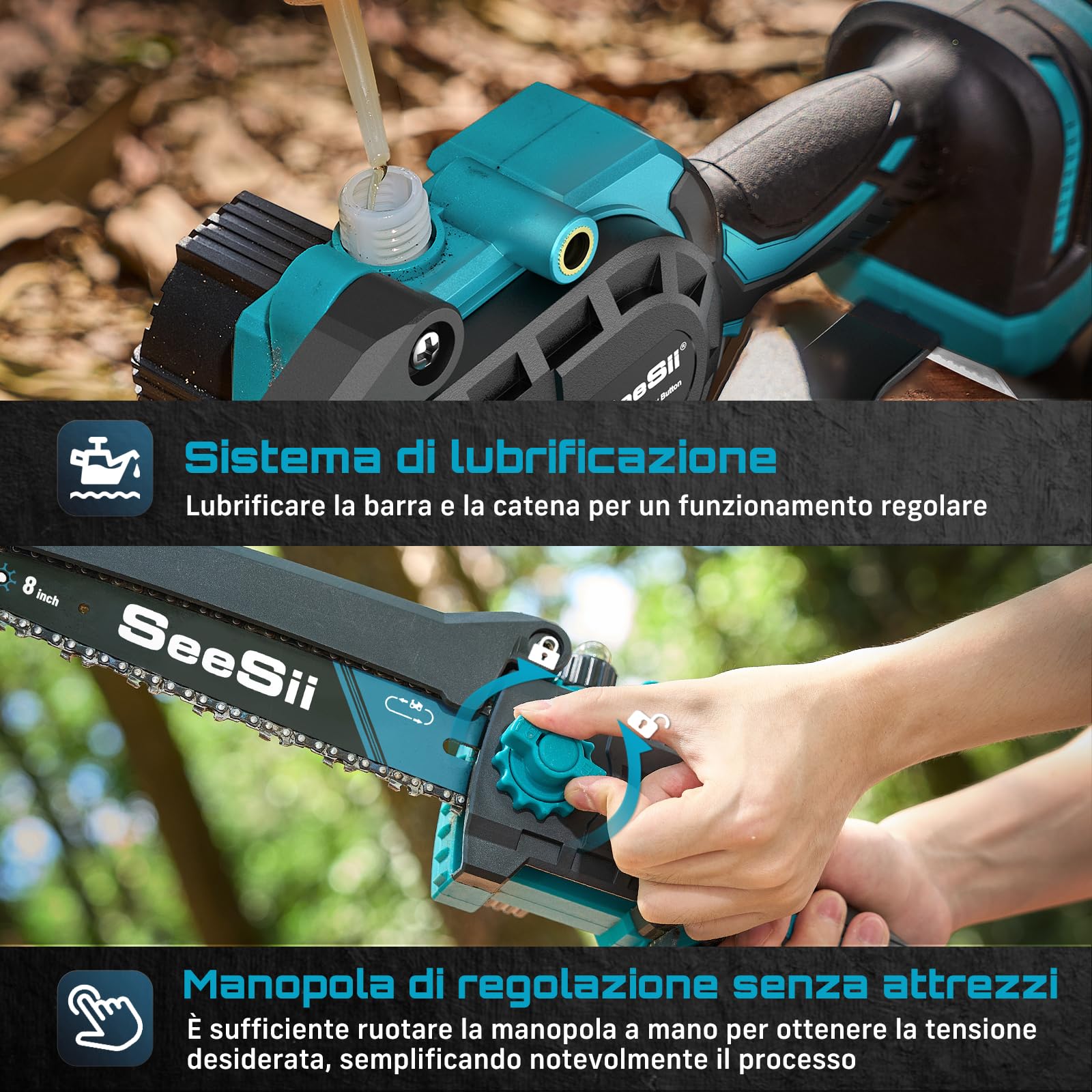 SEESII 2-in-1 Potatura Telescopica, 8 Pollici Mini Motosega Per Alberi | Motosega Telescopica a Batteria, Mini Sega Brushless con Asta Telescopica per Giardinaggio, Raggiunge Fino a 4,87m