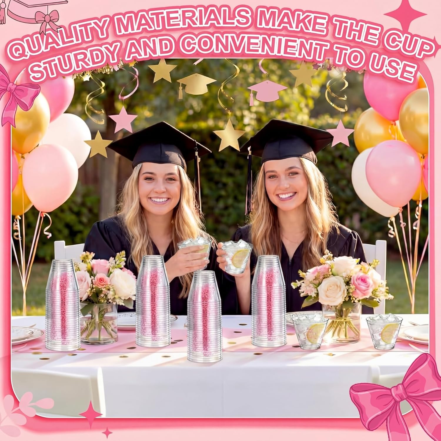 Hushee 60 Pcs Pink Bow Plastic Graduation Cups 9 oz Class of 2026 Disposable Graduation Cups Sturdy Hard Plastic Material for Coquette Congrats Grad Drinking Cup Elegant Party Supplies Decorations
