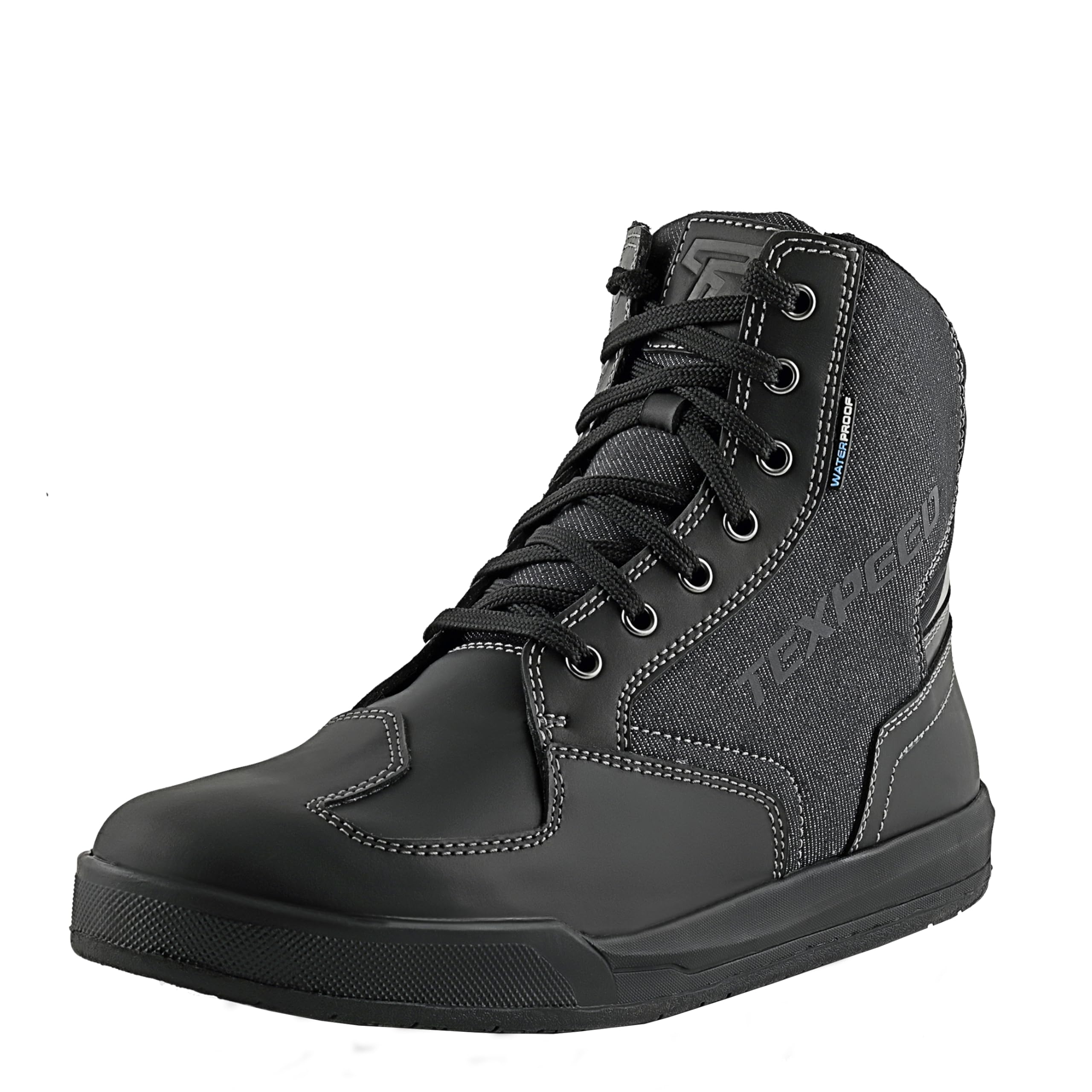 Texpeed Bottes De Moto Homme Cuir - Chaussures De moto Street Sneaker 100% Imperméables - Coupe courte Homologuées CE - Noir Denim - EU 43