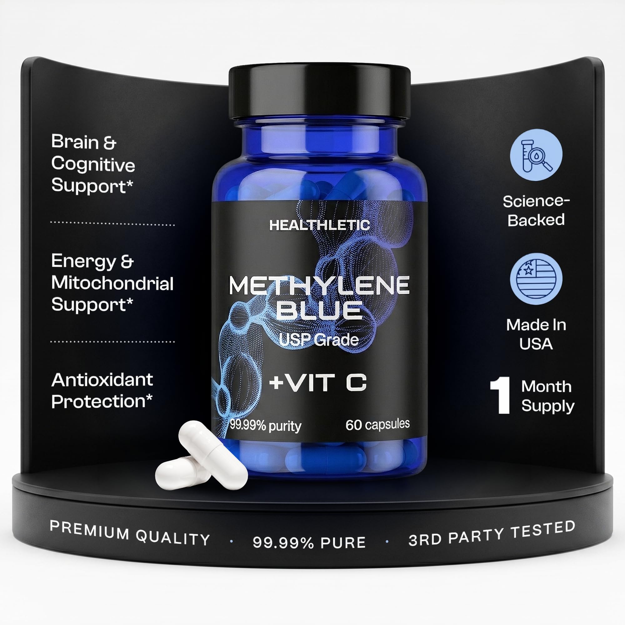 HEALTHLETIC USA Made USP Grade 5mg Methylene Blue Capsules with VIT C, 30ct