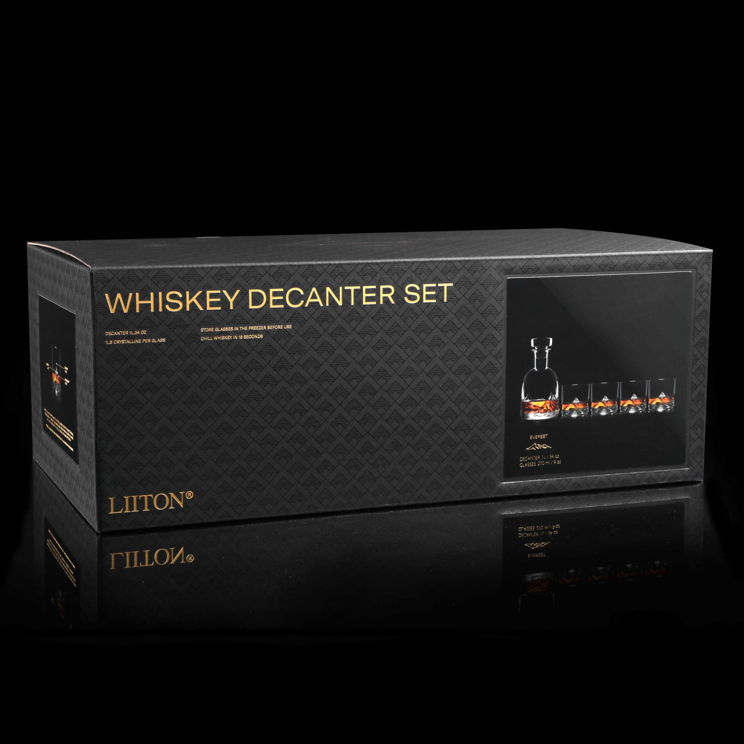 LIITON Everest - Set di 5 bicchieri da whisky in cristallo con caraffa da whisky, regalo per uomo, per cocktail, gin, bourbon, rum