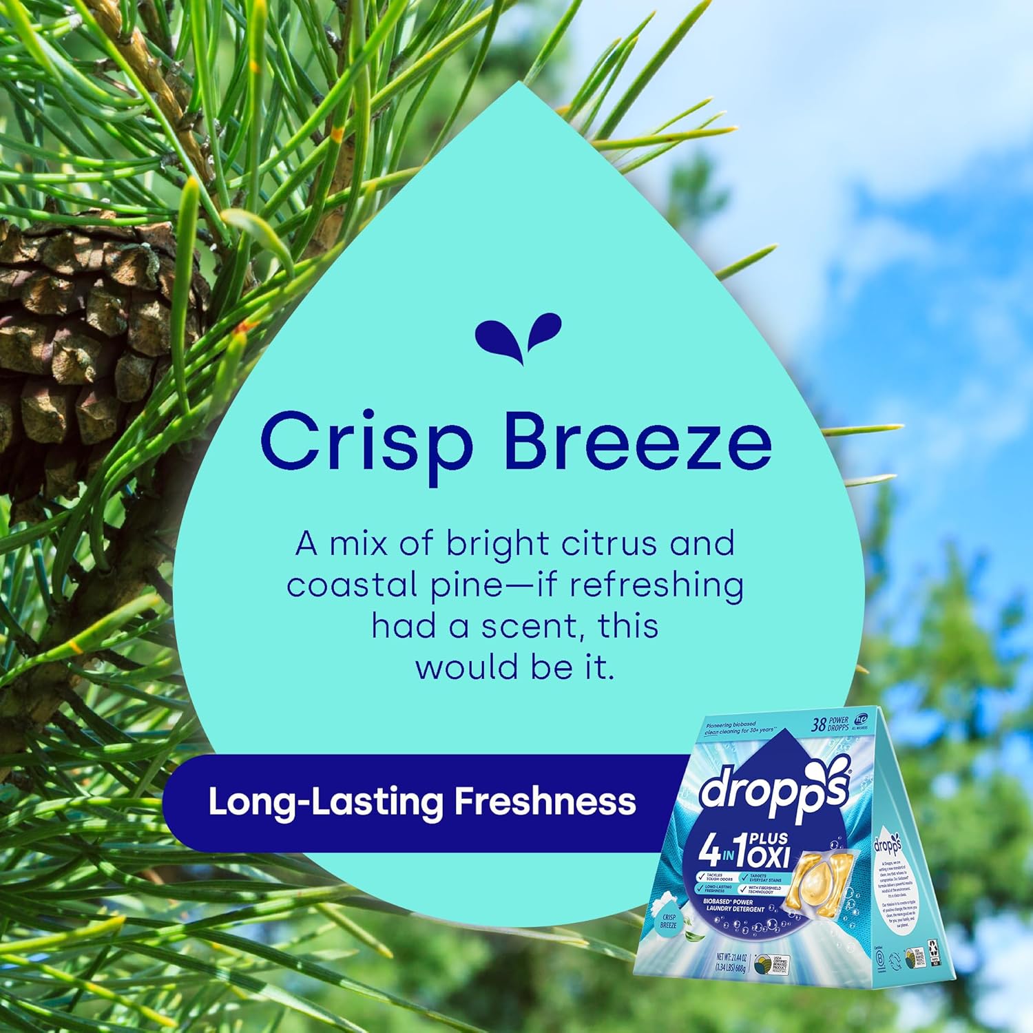 Dropps 4-in-1 Plus Oxi Laundry Detergent Pods, Crisp Breeze (76 Count) - Laundry Pods | Advanced Odor Defense | Fights Stains | Whitens & Brightens | Clean Ingredients | Plastic Free Packaging
