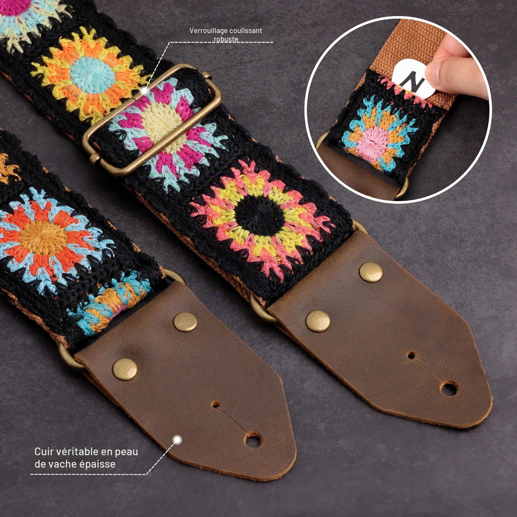 Nefelibata Sangle de guitare, sangles de guitare en coton brodé Jacquard avec extrémités en cuir Crazy Horse pour basse, électrique et acoustique, meilleurs cadeaux pour les enfants, les guitaristes