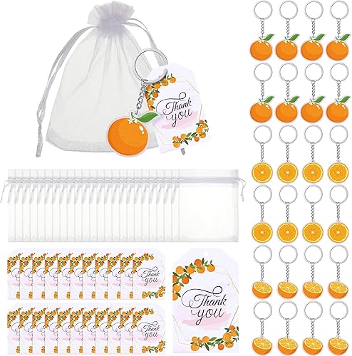 Little Cutie - Regalos de fiesta de baby shower, incluye llaveros naranjas, bolsas de organza blanca, etiquetas de agradecimiento, recuerdos de