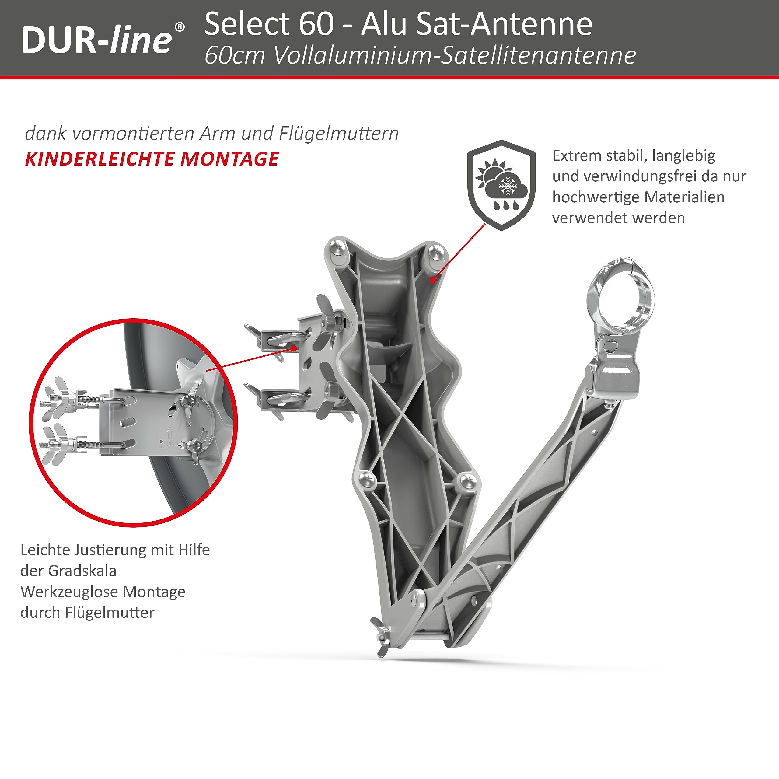 DUR-line Zestaw 2 odbiorników – wysokiej jakości zestaw satelitarny z aluminium – Select 60 cm/65 cm lustro/miska antracyt + Twin LNB – na 2 odbiorniki / TV [najnowsza technologia, DVB-S2, 4K, 3D]