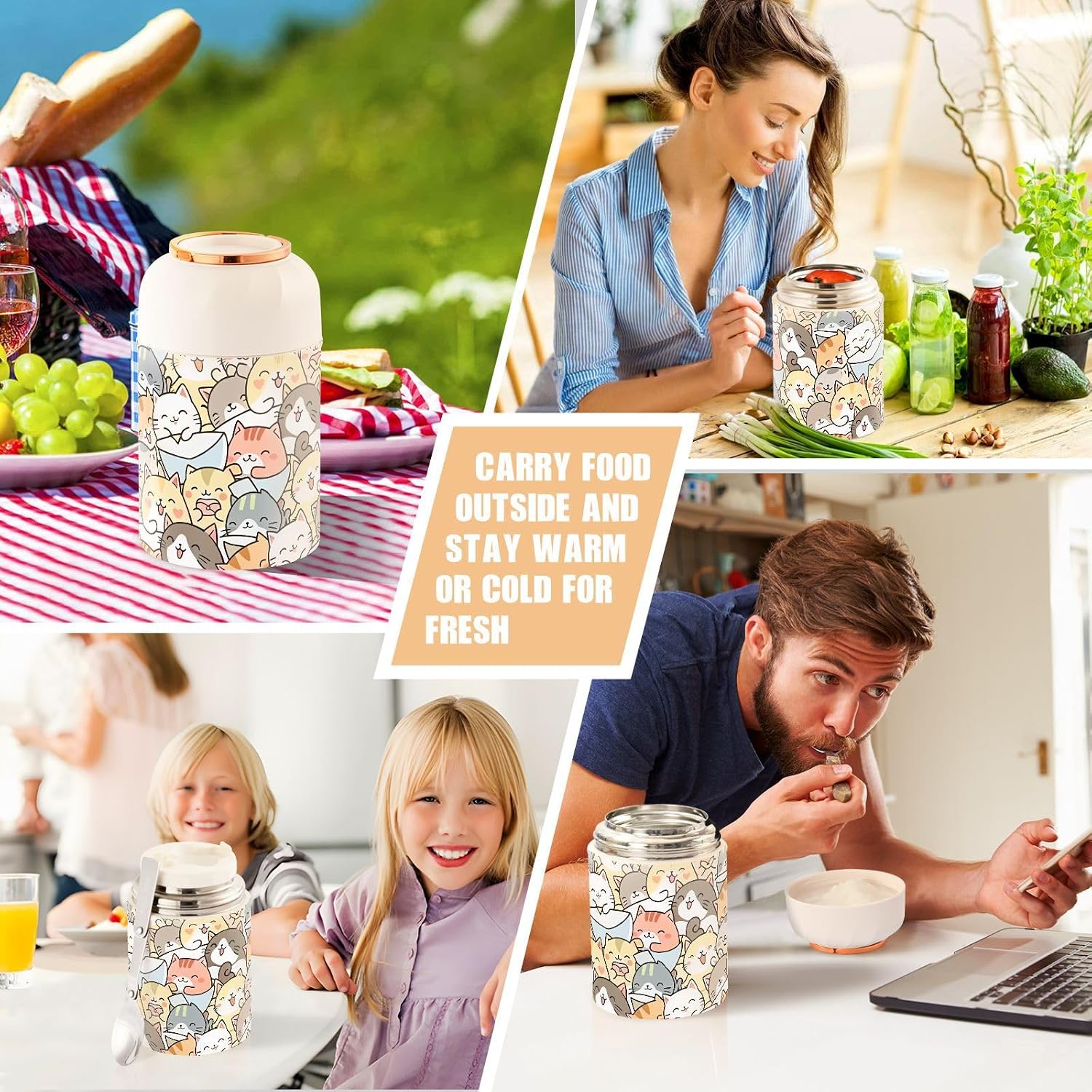 Food Jar For Hot Food Stainless Steel Vacuum Insulated Jars with Folding Spoon & Cup, Lunch Container for Kids - 17 Oz, Animal Cute Cats