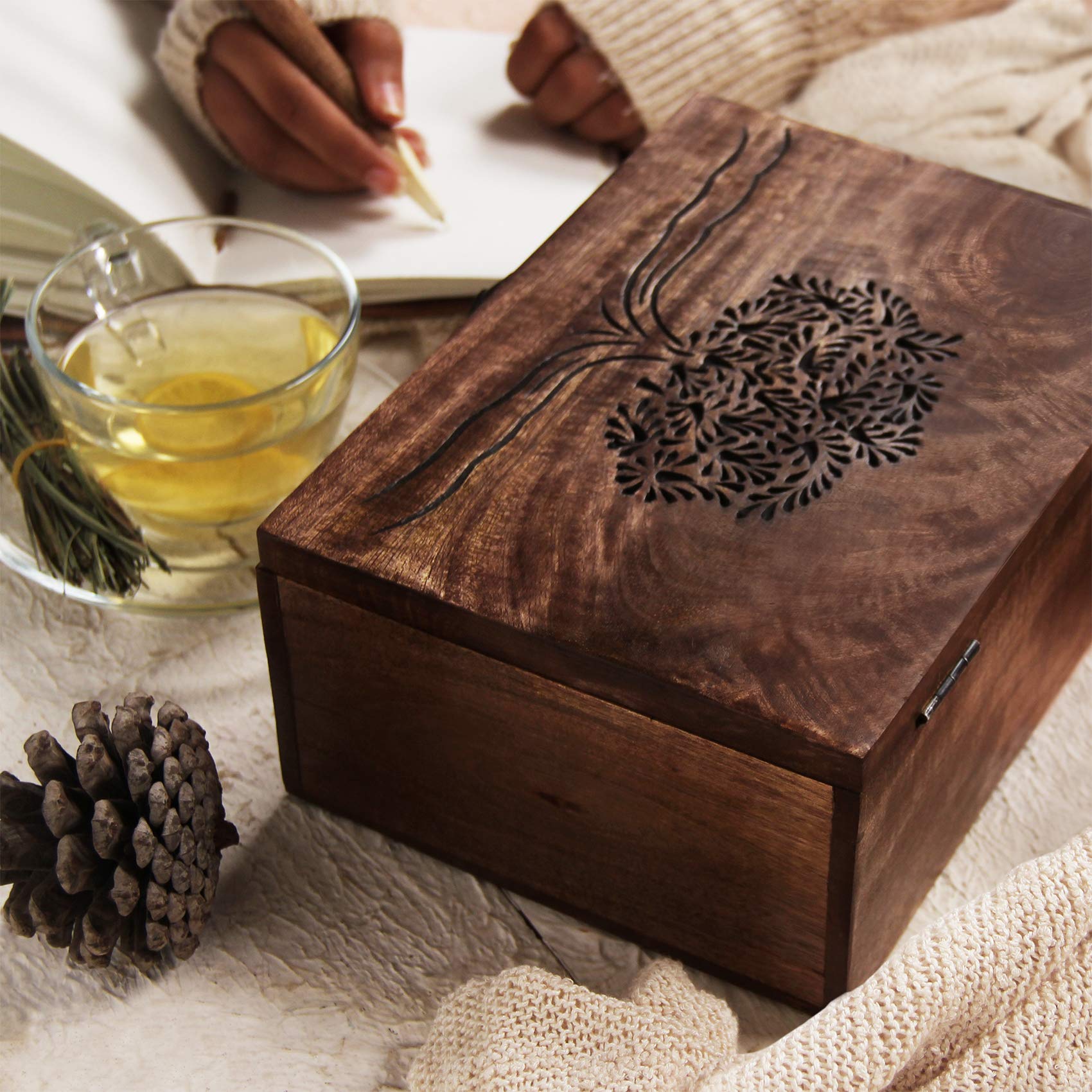 storeindya Wooden tea box Caddy with Tree Of Life Motif and 6 compartments Present Santaclaus