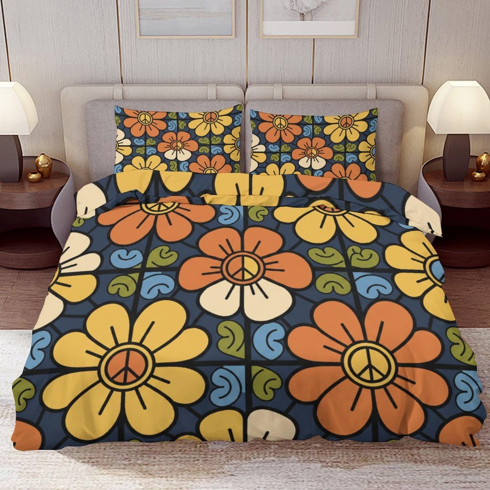 Delerain Comforter Cover Set King Size, Retro 70s Hippie Peace Sign 3-Piece Bedding Set for Women Men Modern Soft Microfiber Bedroom Set Room Decor, 1 Duvet Cover + 2 Pillowcases