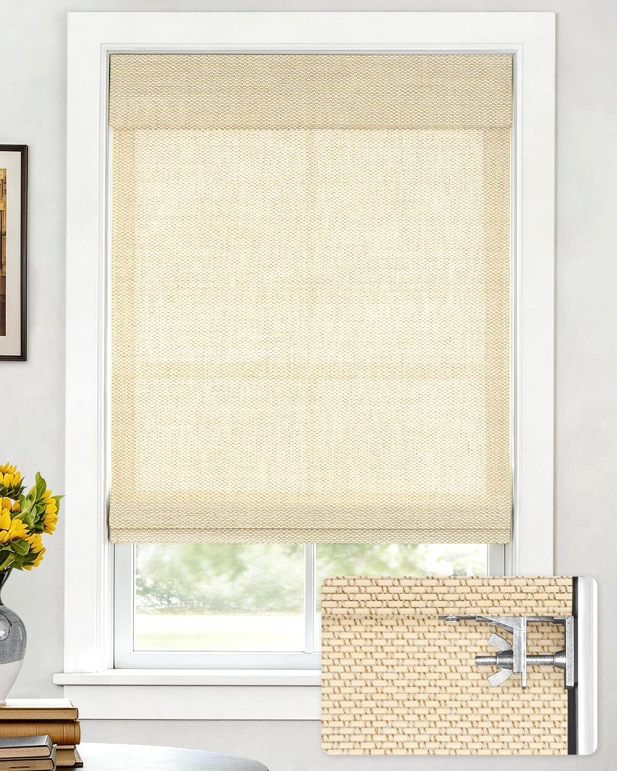 lazblinds no drill cordless bamboo roman shades, light filtering blinds for indoor windows, roll up bamboo blinds for home, 35" w x 48" h, star-beige
