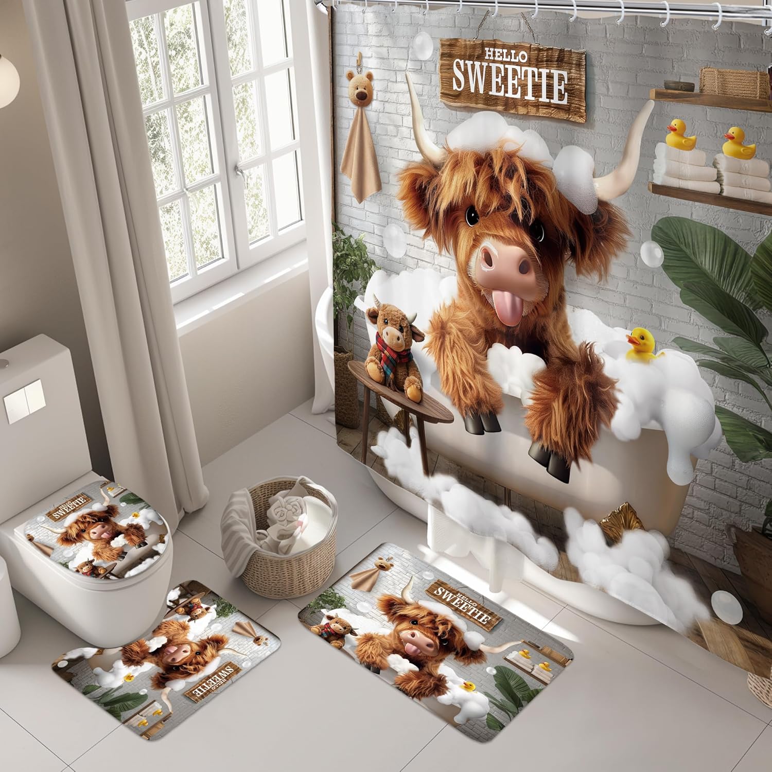 Riyidecor Cute Highland Cow 4Pcs Bathroom Shower Curtain Sets Western Rustic Wooden Board Bathroom Decor Set with Rugs and Accessories Farmhouse Toilet Lid Rug, Contour and Bath Mat with 12 Hooks