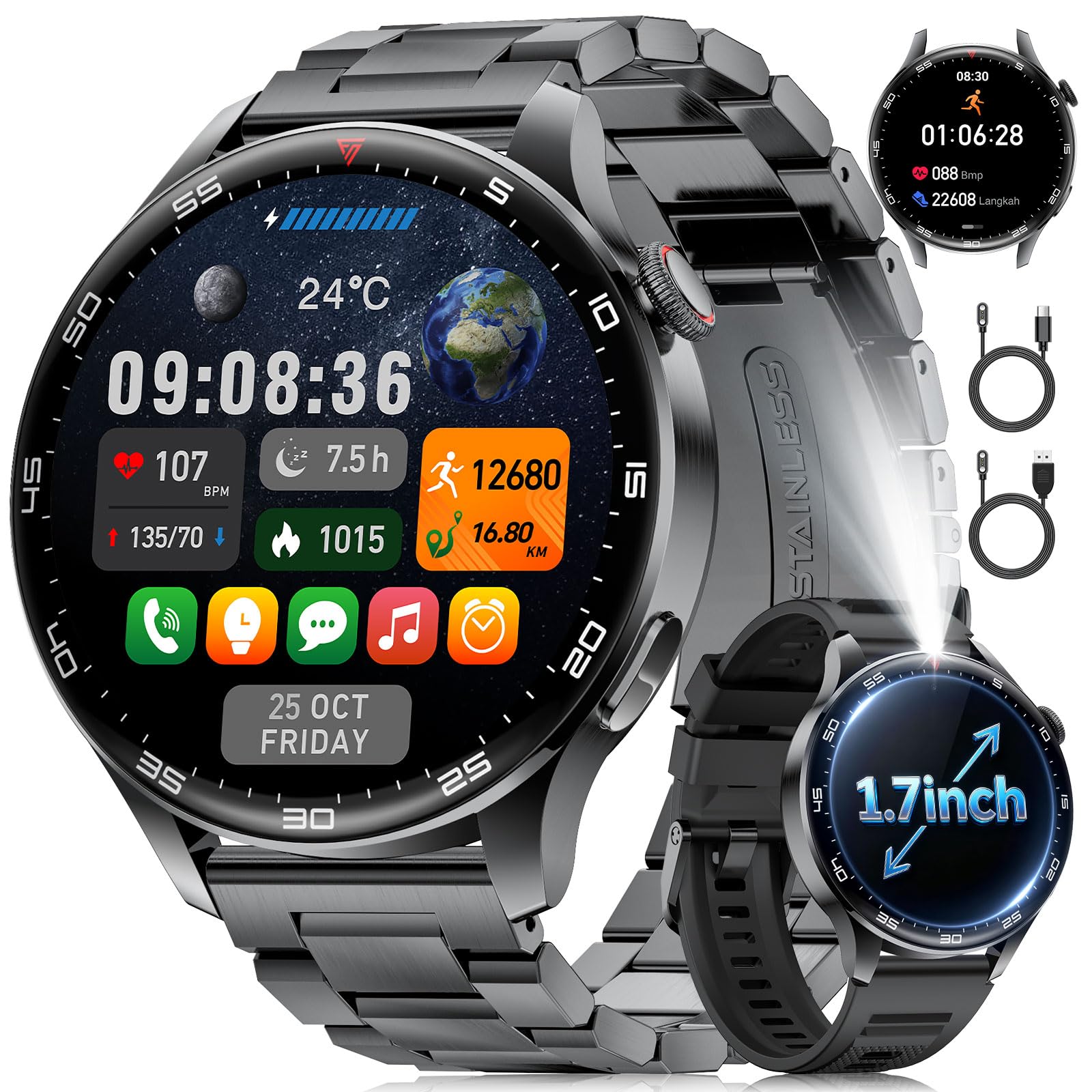 Orologio Smartwatch Uomo 2026, 1,7'' HD Ampio Display Fitness Tracker per 800 mAh, Luce LED, Frequenza Cardiaca/Monitor del Sonno, 100+ Modalità Sportive, Impermeabile IP68 per iOS Android, Nero-Rosso