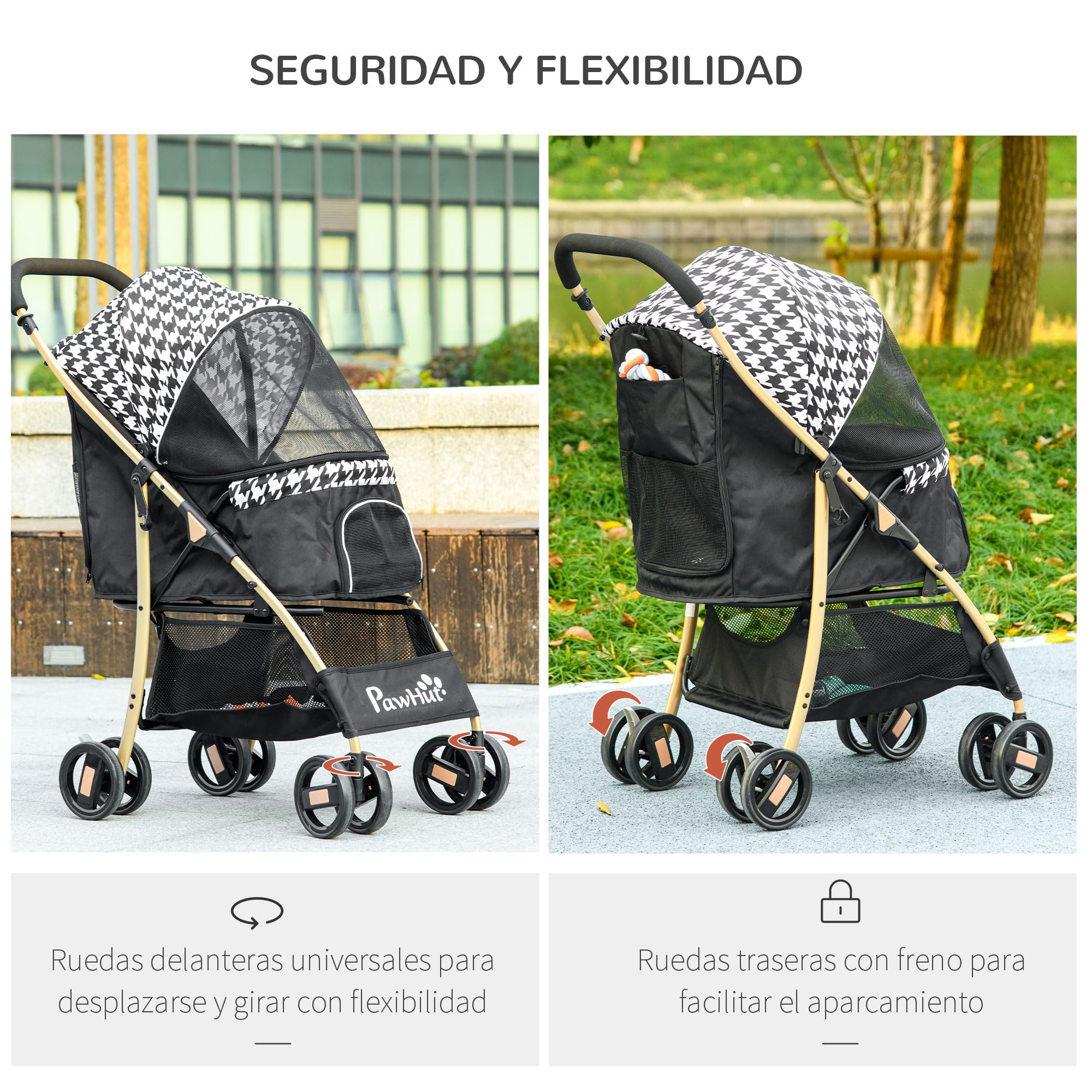PawHut Passeggino pieghevole per cani con 2 porte, finestra a rete, cestino di sicurezza e cuscino 80x44,5x97 cm Nero