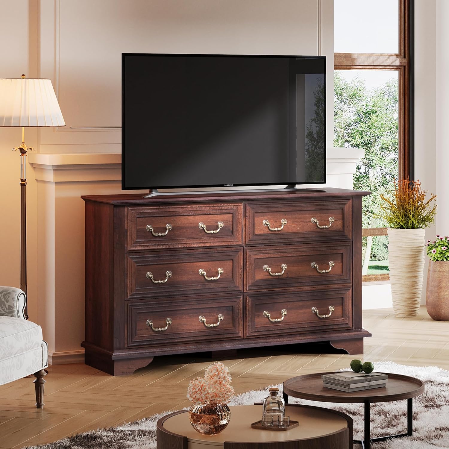 WLIVE Wood Dresser for Bedroom with 6 Drawer, 51.97'' Wide, Farmhouse Long Storage Dresser Organizer with Roman Metal Handle, TV Stand for 60 inch TV, Chest of Drawers for Living Room, Hallway, Brown