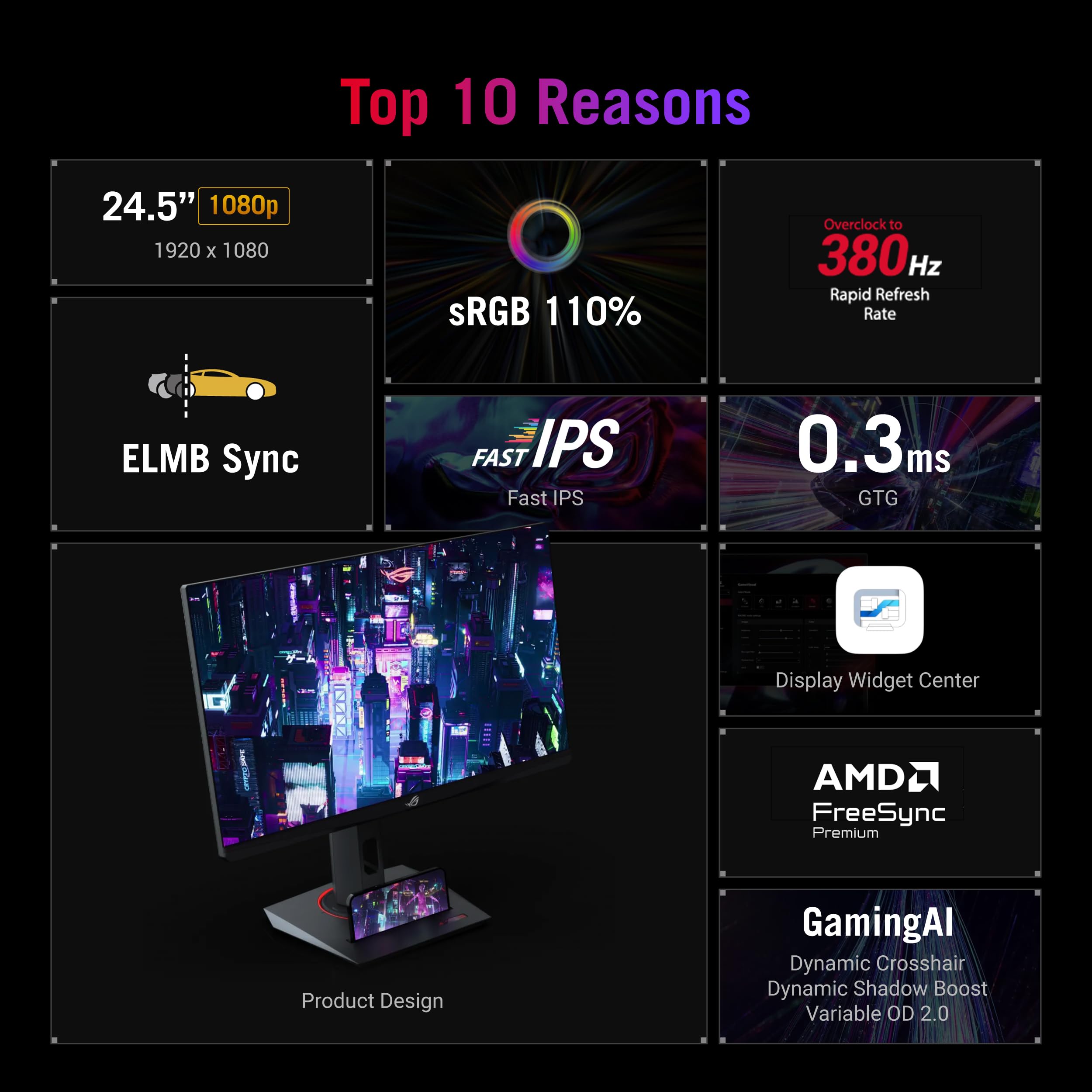 ASUS ROG Strix XG259QNS Monitor Gaming per eSports da 25” pollici (24.5), FHD (1920x1080), Frequenza 380 Hz (OC), Fast IPS, Tempo di Risposta 1 ms (GTG), HDR, DisplayWidget Center, Nero