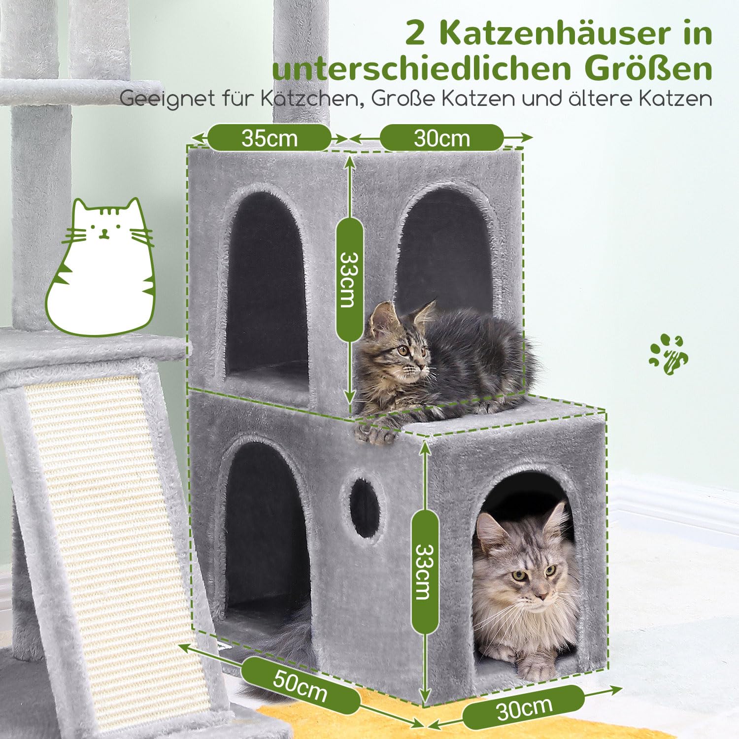 Globlazer Kratzbaum Stabil mit 2 Große Katzenhaus 90° Drehbares, 2 Groß Basis, Gepolsterte Plattform, Sisal Kratzbrett, Katzenspielzeug, Katzenbaum für Katzchen Große Katzen Senioren (F50, Hellgrau)