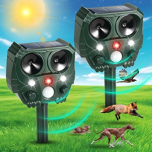 Jahy2Tech Repelente de animales, energía solar ultrasónica, paquete de 2 dispositivos repelentes de ciervos con sensor de movimiento, luz