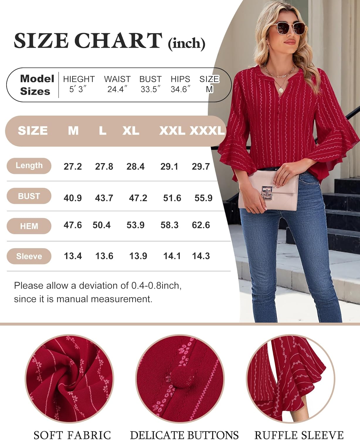 Bebonnie Womens Tops Dressy Casual Ruffle 3/4 Sleeve Henley V Neck Chiffon Blouses with Buttons - Image 5