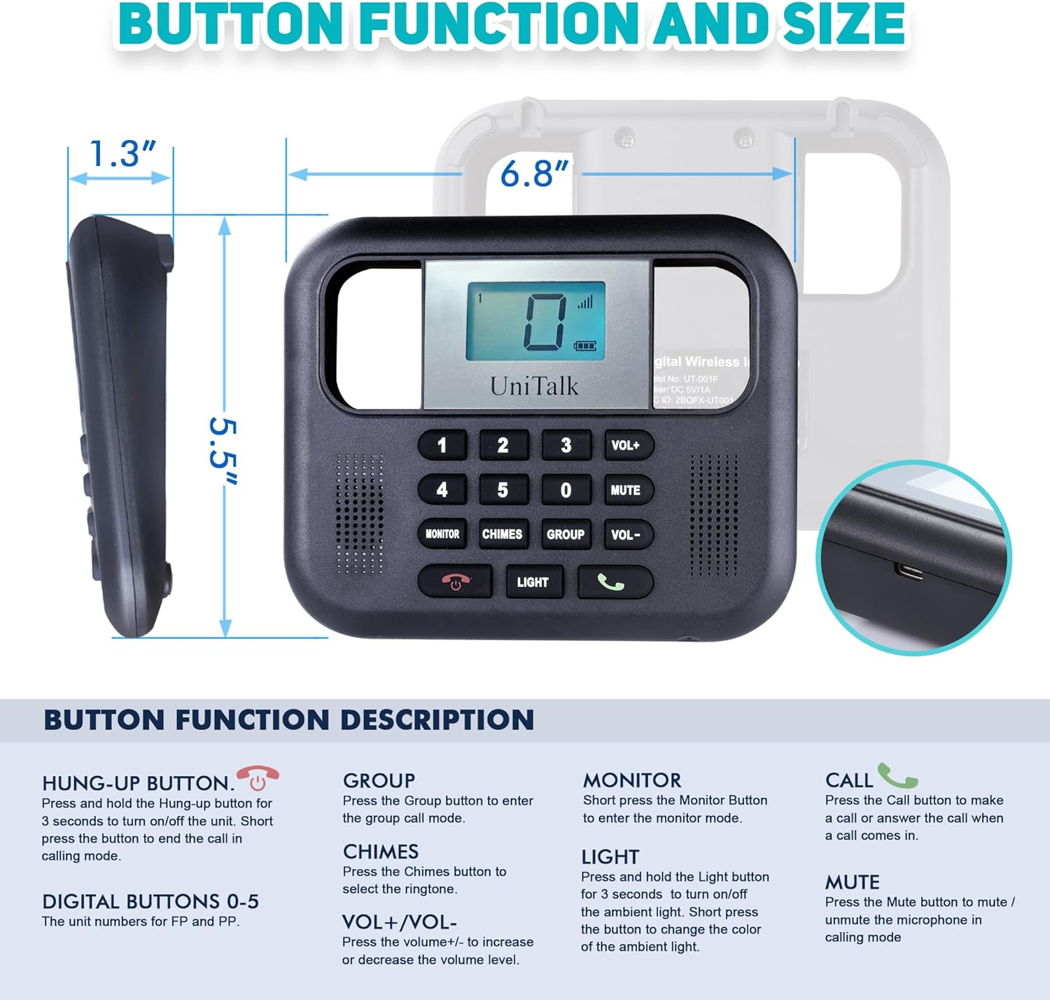 Wireless Intercoms for Home & Office, Two-Way Real-time Full-Duplex Voice System with Offline Voice Control & Monitor Function, Clear Sound, Up to 800 Meters (1/2 Mile) Range (UT-001-1F4P)