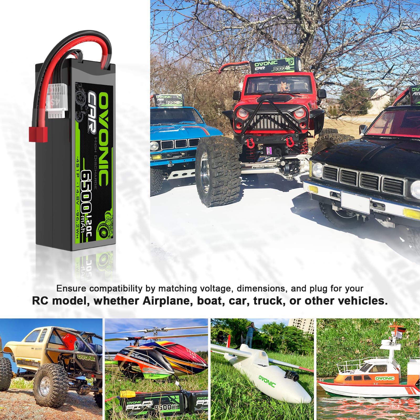 OVONIC 4s Lipo akumulator 14,8 V 120C 6500 mAh z wtyczką Deans T do samochodów RC, ciężarówek, truggy, quadcopterów, helikopterów, ciężarówek, łodzi, samolotów (2 szt.)