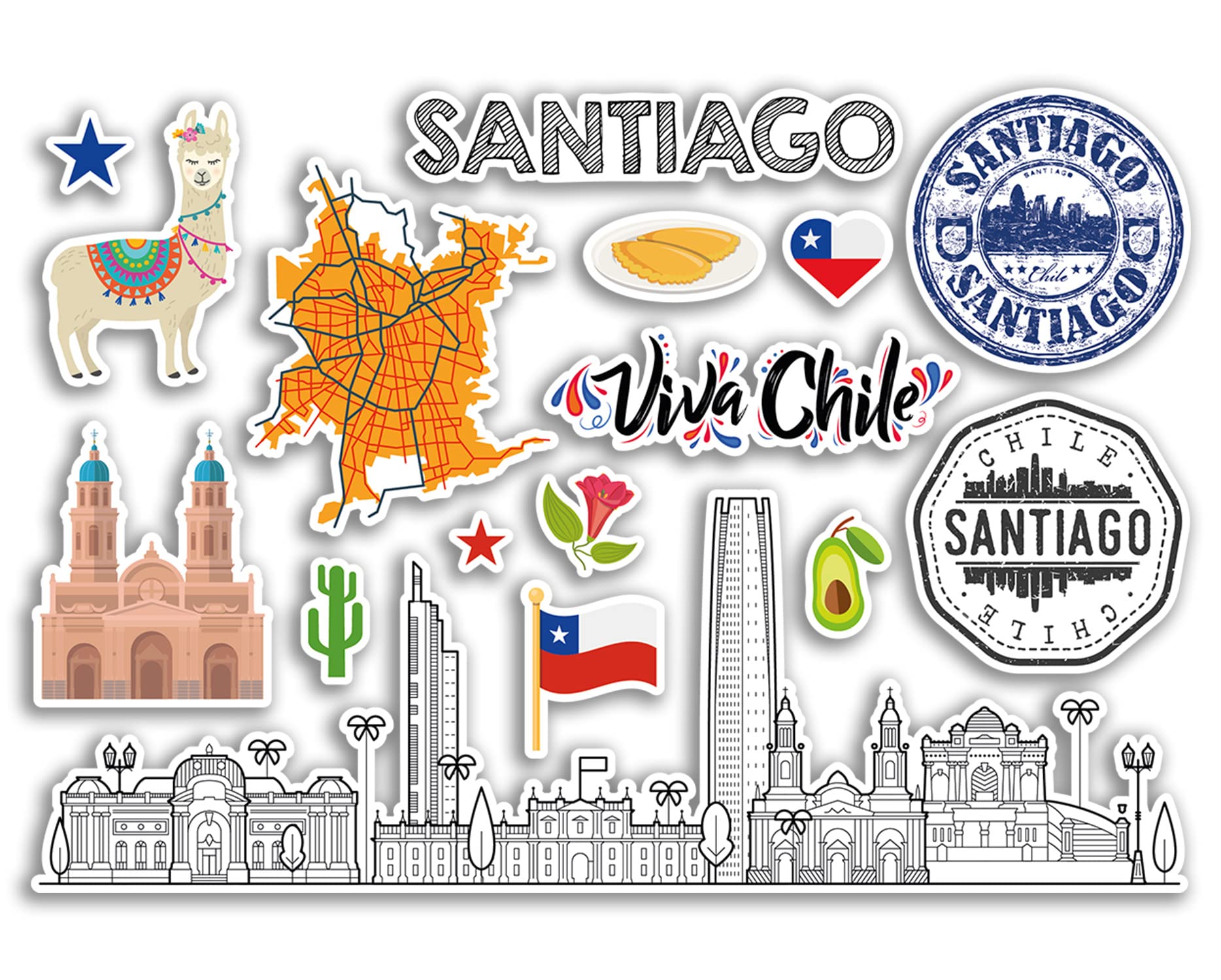 Dv Design Multi A5 Sticker Sheet Santiago Landmarks Vinyl Stickers - Chile Airport Stamps Skyline Flag Map Travel Holiday Scrapbooking City Luggage #79146