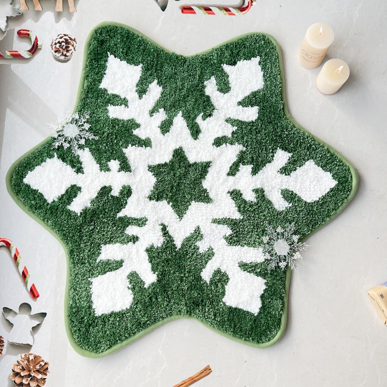 YRXRUS Christmas Snowflake Bathroom Rug, Christmas Decorations, Green White Snow Shaped Mat, Living, Bedroom, Kitchen, Children's Room, Porch Mat, Accent Area Rugs 25.6x25.6 inches