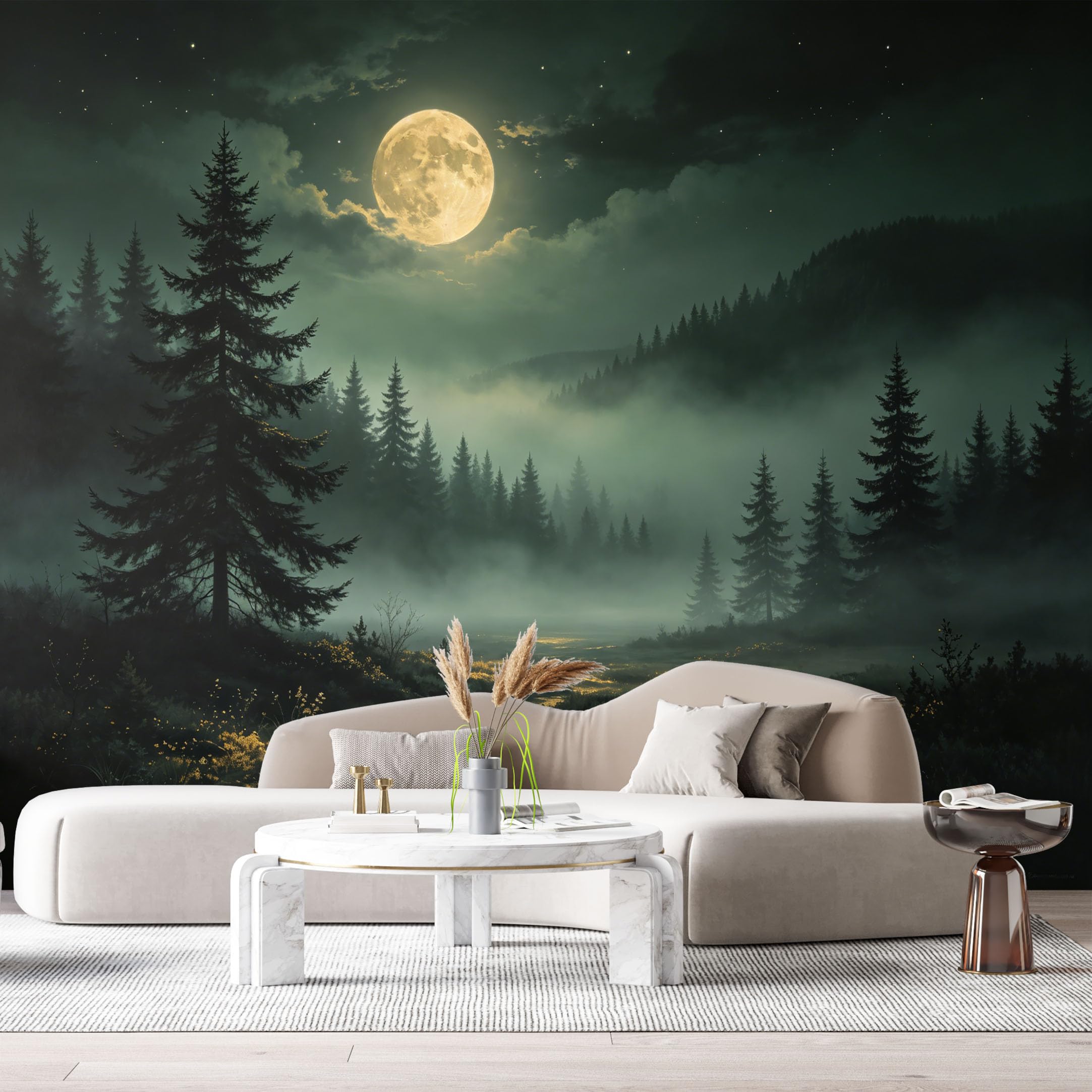 Custom Size Wall Murals Misty Forest Landscape Moonlight Night Sky Pine Trees Oil Painting SelfAdhesive Wall Fabric Removable Large Wallpaper for Photo Living Room