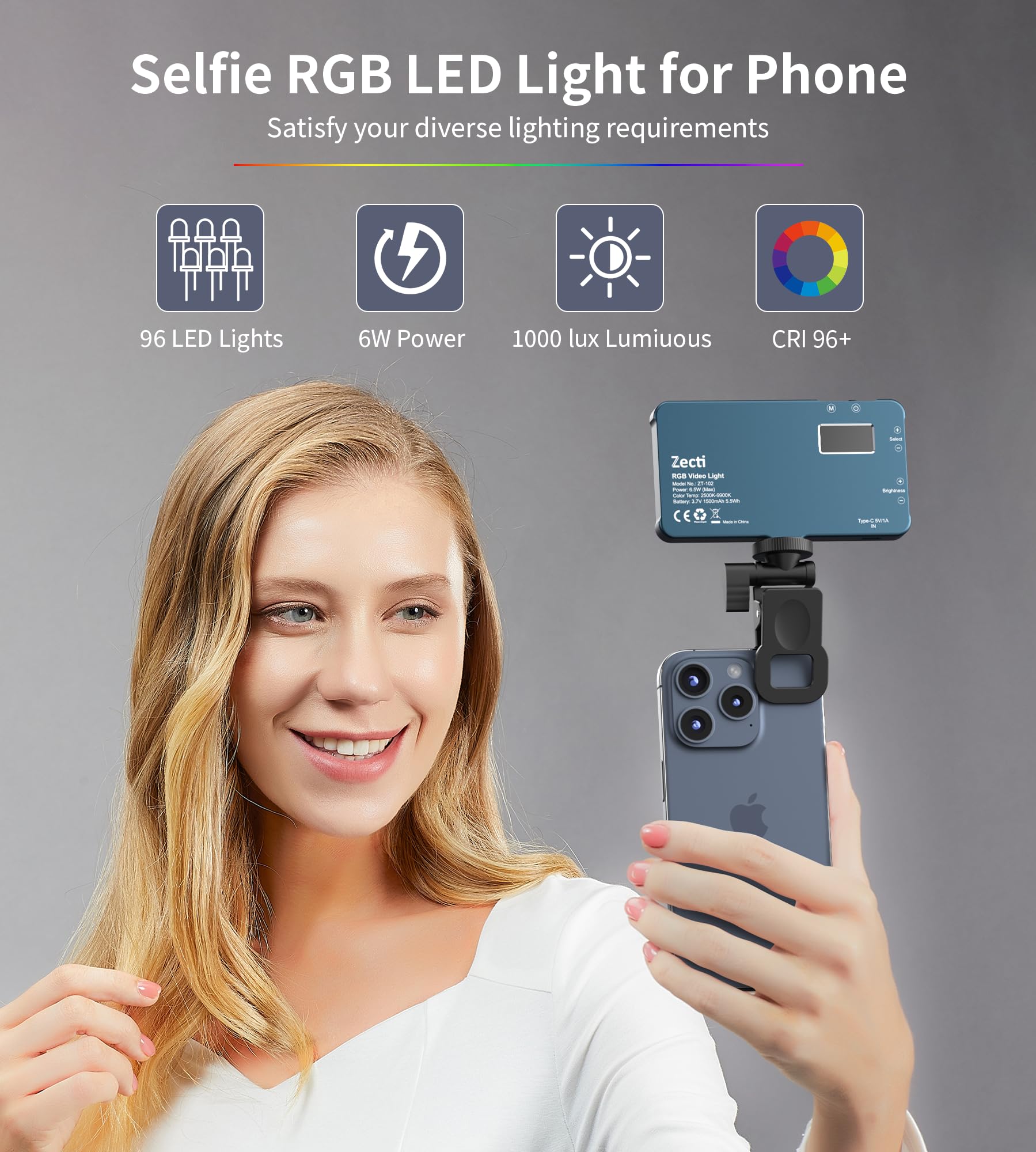 Selfie Licht mit RGB-Vollfarbe, CRI96+ 2500K-8000K Tragbare Kamera Licht LED Videoleuchte mit Hotshoe und Clip, 21 Effekte Fotolicht für Telefone, Laptop, Vlogs, mit Ganzmetall-Design und OLED-Display