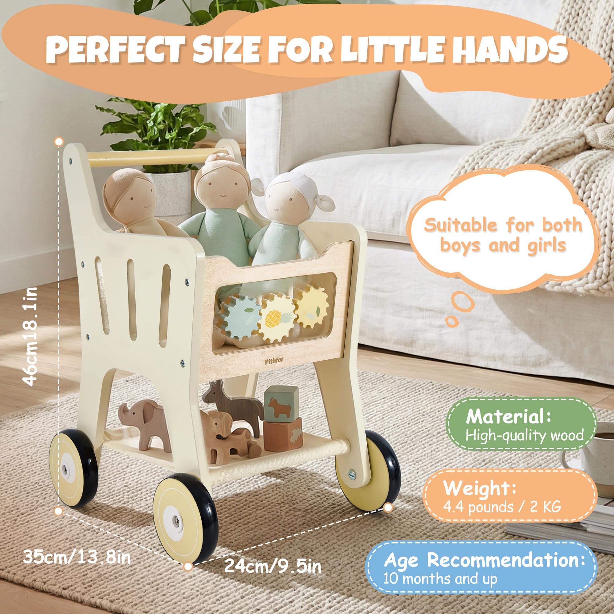 Pithfor Holz-Einkaufswagen für Kinder, 3-in-1 Holz-Baby-Push-Walker, Baby-Puppen-Kinderwagen, Spielzeug-Einkaufswagen für Kleinkinder 1-3