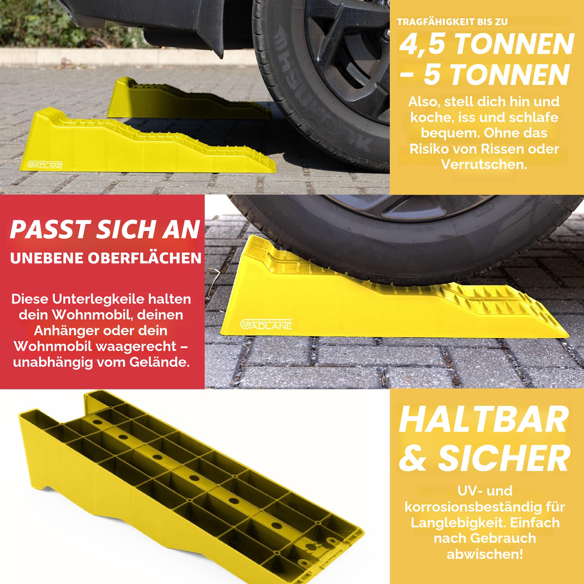 GADLANE Auffahrkeile für Wohnmobil - 3 Stufen Caravan Levelling Ramp Set, Auffahrkeile für Wohnwagen, Stufenkeile Wohnmobil mit Anti-Rutsch-Rillen (Tragfähigkeit: 4,5 Tonnen) 2 Stück - Gelb