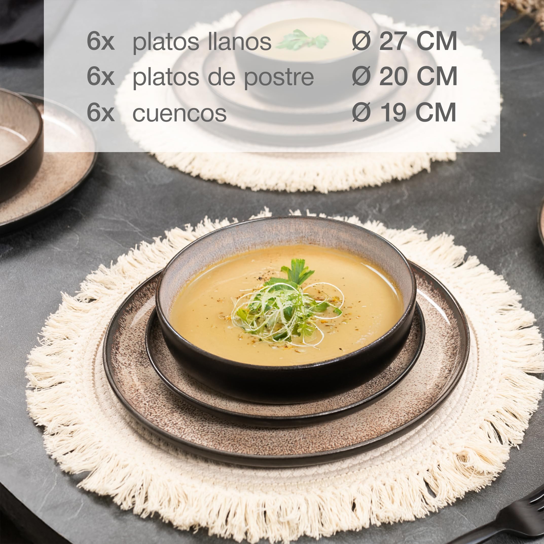 Moritz & Moritz VIDA Juego de 18 piezas de platos de mesa Juego de vajilla combinada en beige para 6 personas - de porcelana apta para el lavavajillas y el microondas