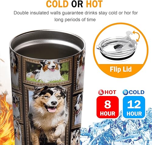 Miniatura 2 de Vaso de perro pastor australiano con tapa, a prueba de derrames, taza de viaje para café helado, botella de agua aislada de acero inoxidable de 20