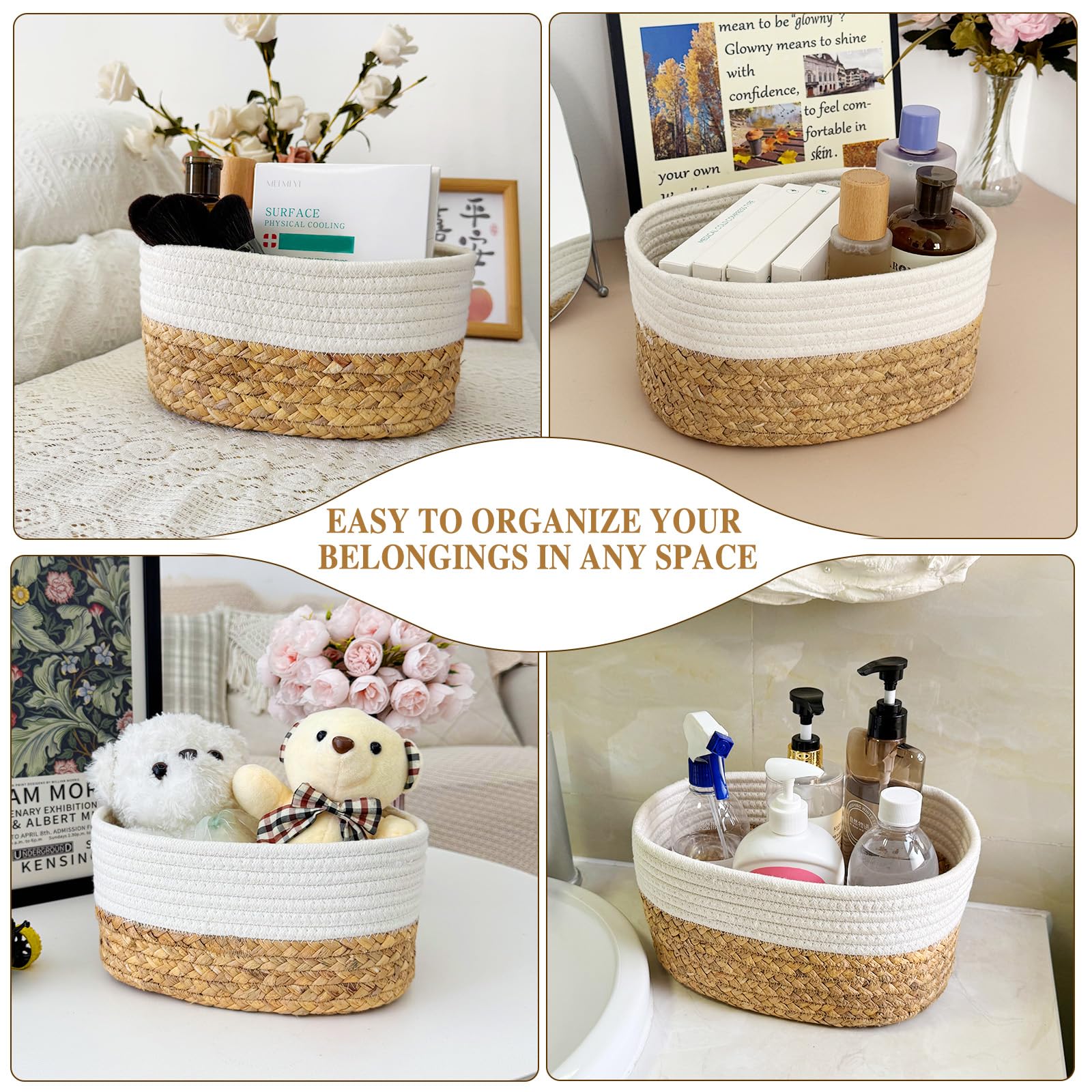 Lot De 4 Paniers Tressés Aevcvok - Jacinthe D'Eau Et Coton | Rangement Salon, Salle De Bain Ou Cuisine | Blanc
