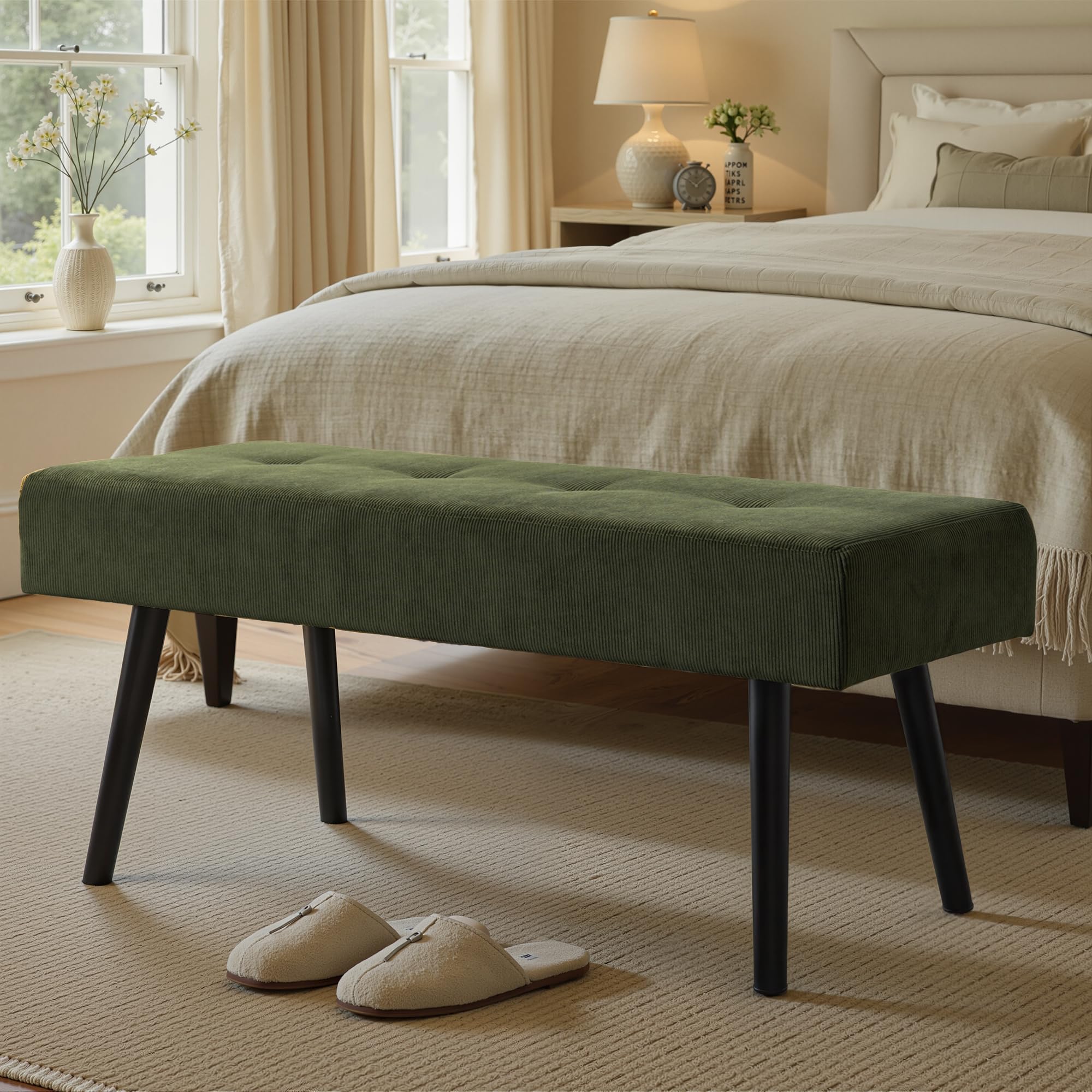 Comfy to go Entryway Bench - Green Bench for Bedroom, Modern Ottoman End of Bed, Corduroy Padded Benches for Living Room, Foyer, Mudroom, Hallway - 39" L x 14" W x 17" H