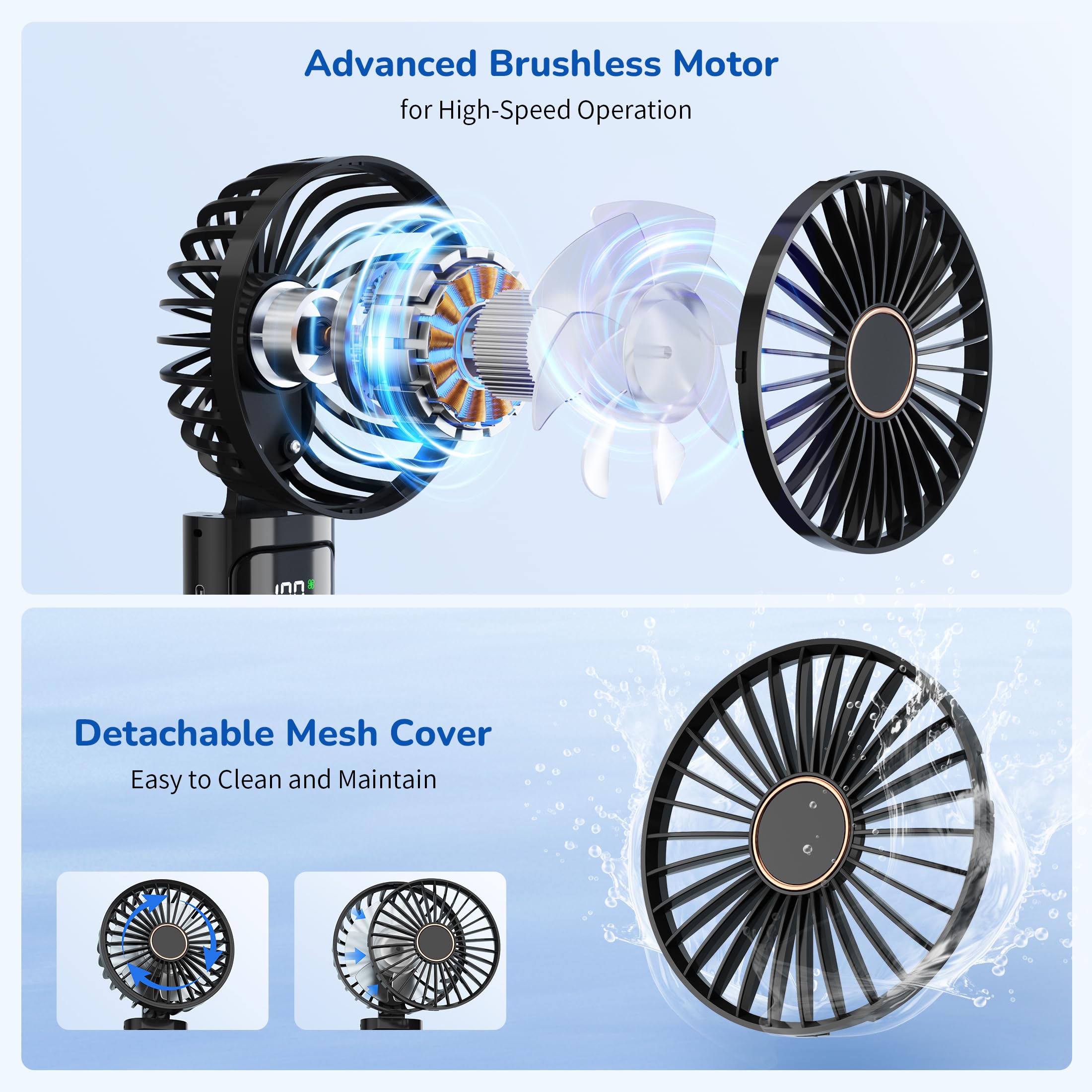 Ventilatore a Mano,Mini Ventilatore Portatile,5200mAh Ricaricabile,Piccolo Ventilatore Tascabile Con 6 Livelli di Velocità,Ventilatore USB Pieghevole a 180° per Casa,Ufficio,Scuola,Esterno,Nero