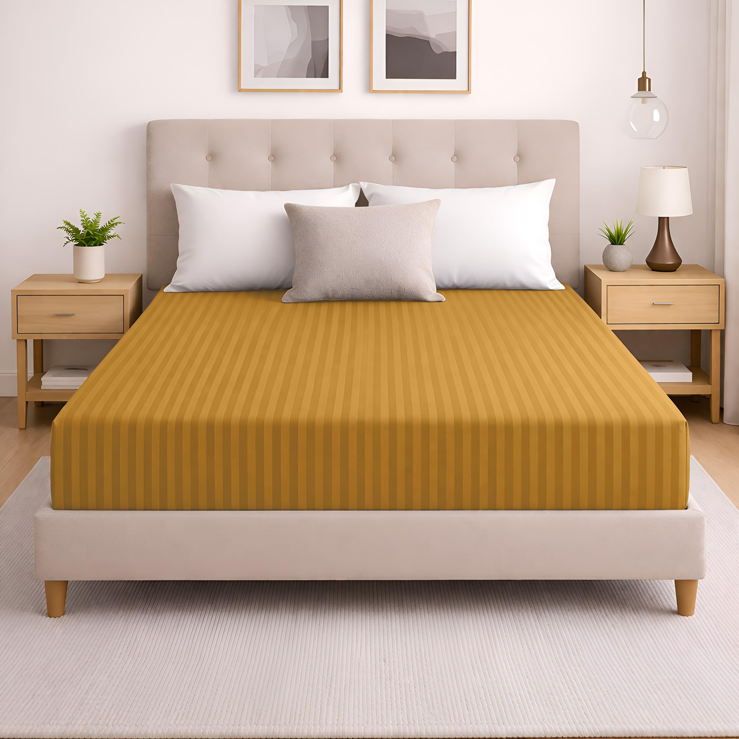 Moonlight20015 Ochre Single Fitted Sheet 40Cm Extra Deep Pocket Bed Sheets With Satin Stripes Elastic Corners Soft Brushed Microfiber Breathable & Fade-Resistant & Shrinkage Bedsheets